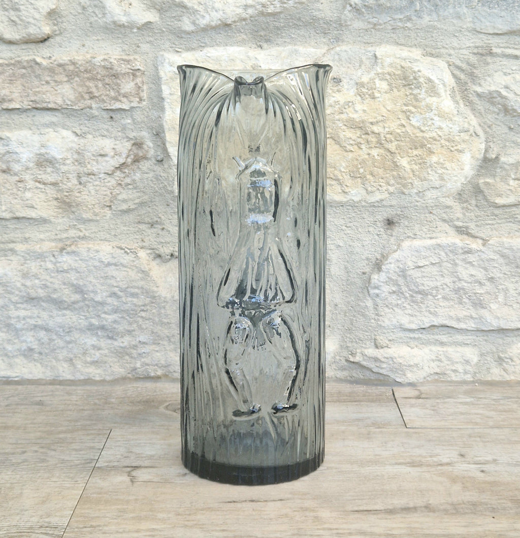 Björkshult Glassworks Sweden Hand Blown Mid Century Textured Smoke Glass 'Viking Pitcher Large