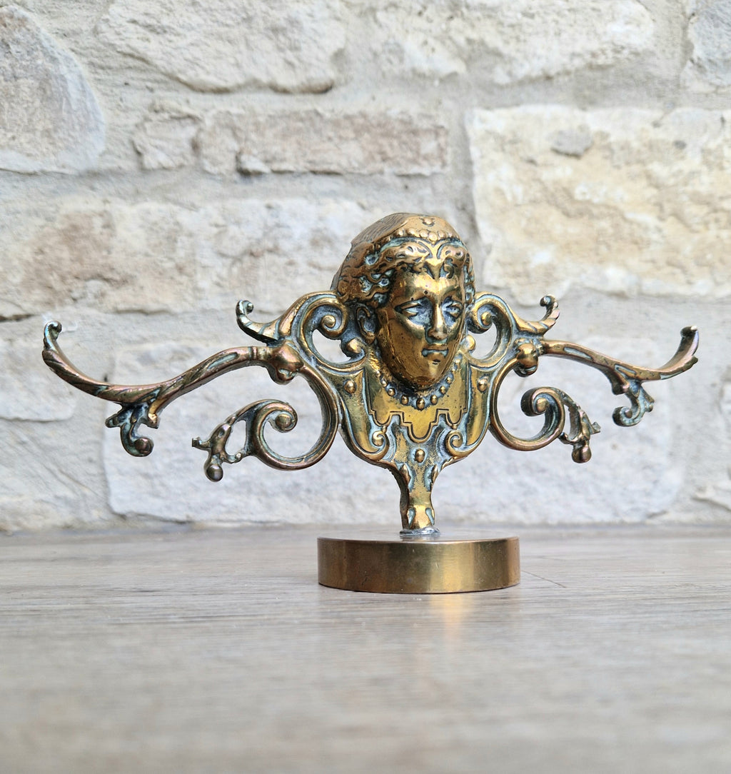 Brass Neo Classical Female Figural Pediment Mounted On Heavy Antique Paperweight