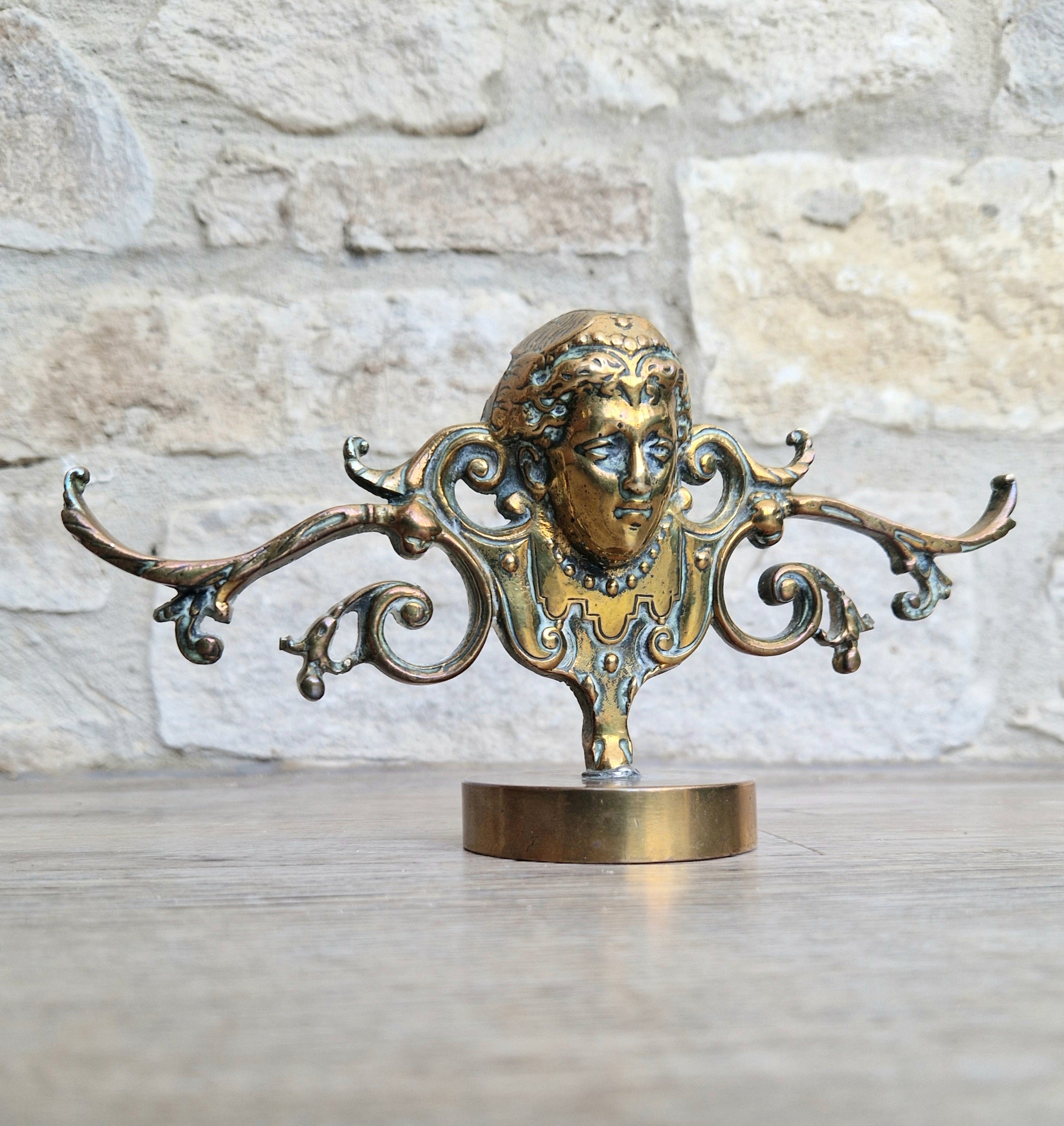 Brass Neo Classical Female Figural Pediment Mounted On Heavy Antique Paperweight