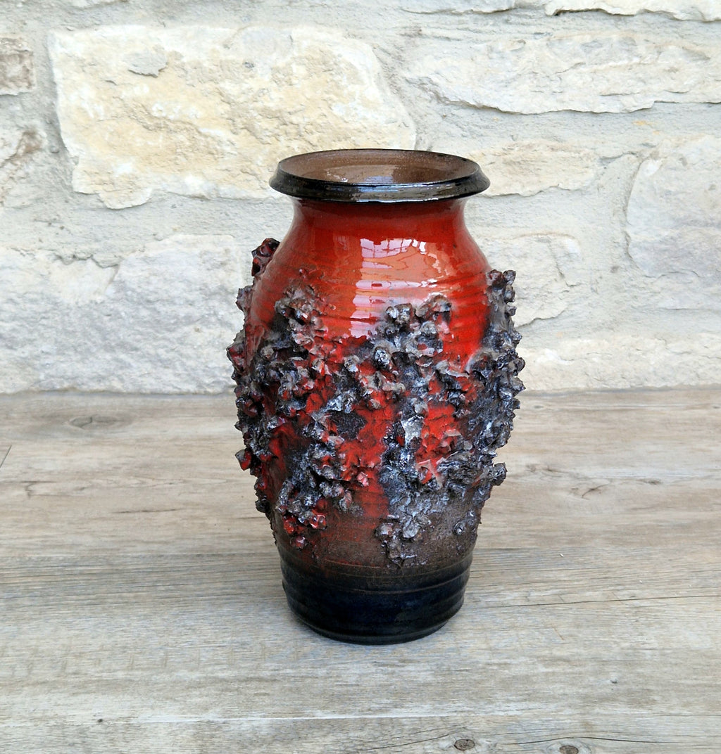 Mid-Century Glit Iceland Lava Pottery Vase Red 23.5cm Volcanic Studio Ceramic