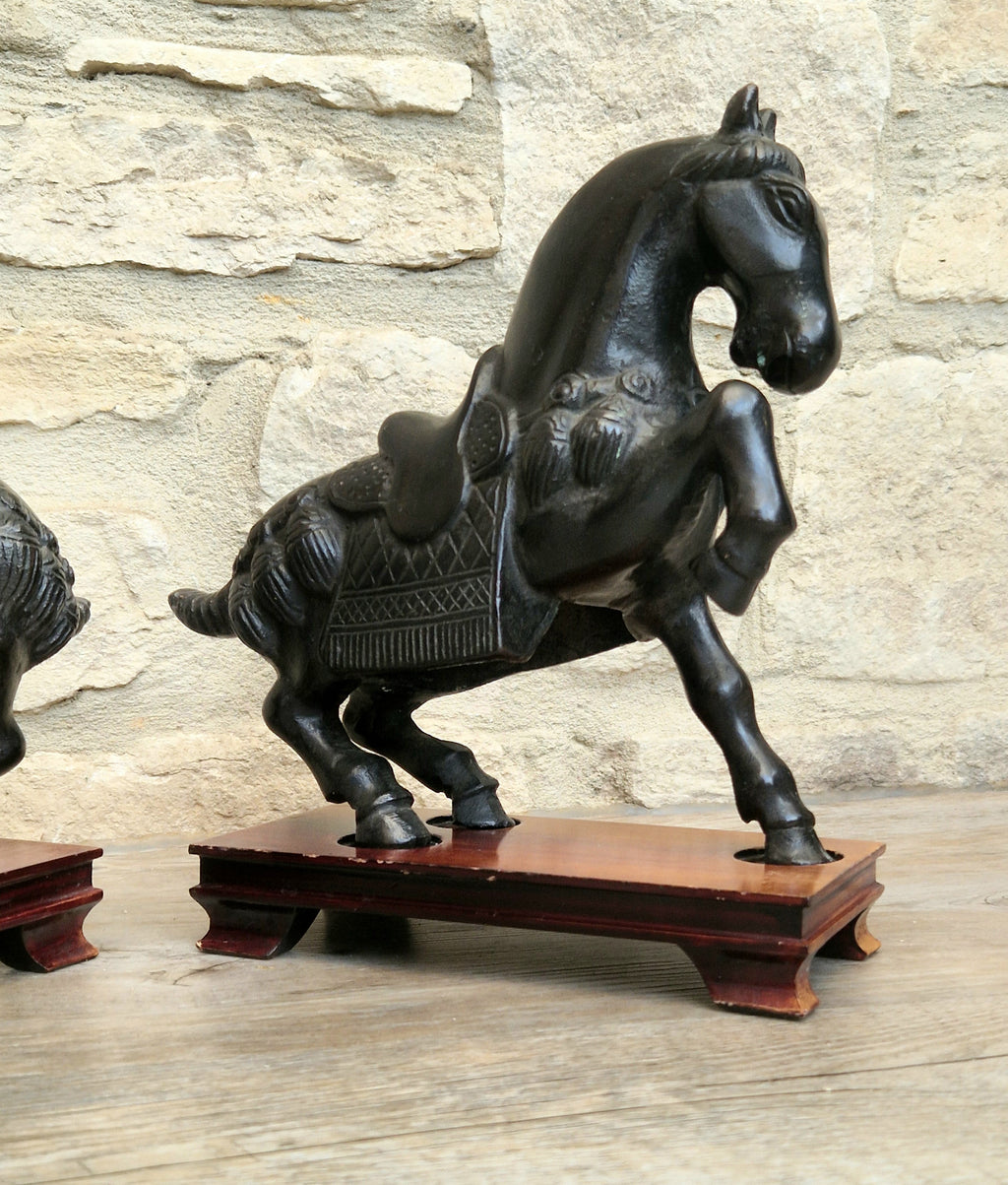 Fine Pair of Vintage Heavy Cast Bronze Tang-Style Chinese Horse Sculptures On Wooden Plinths
