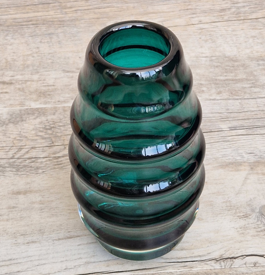 Midcentury Scandinavian Modern Hooped Vase Green Glass Magnor Norway, 1960