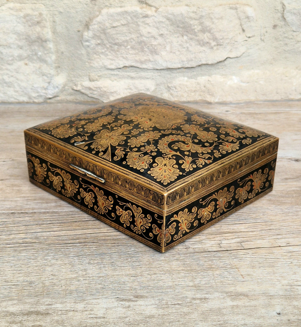 Vintage Brass Black Enamelled Large Ornate Teak-Lined Desk Cigar Box