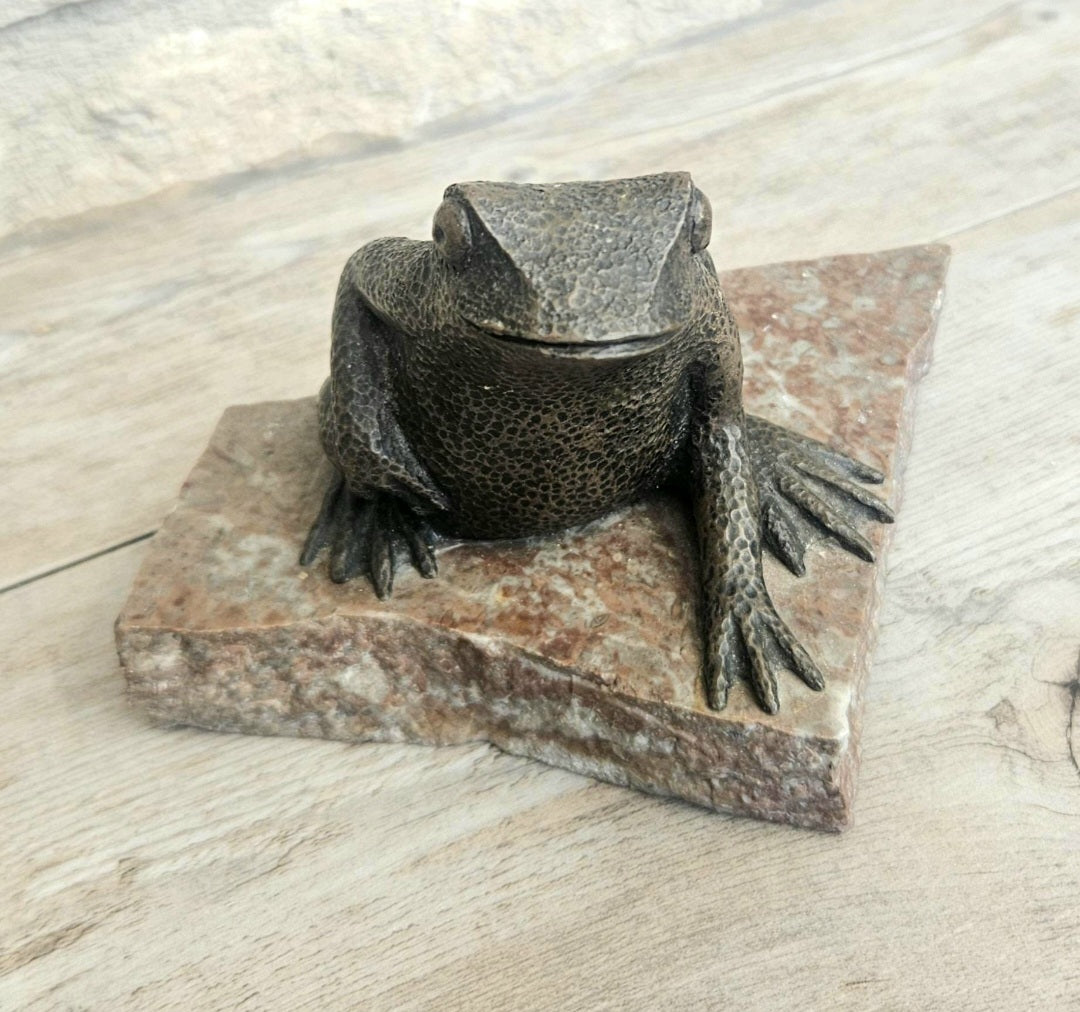 Vintage Metal Toad Figure On Granite Stone Plinth