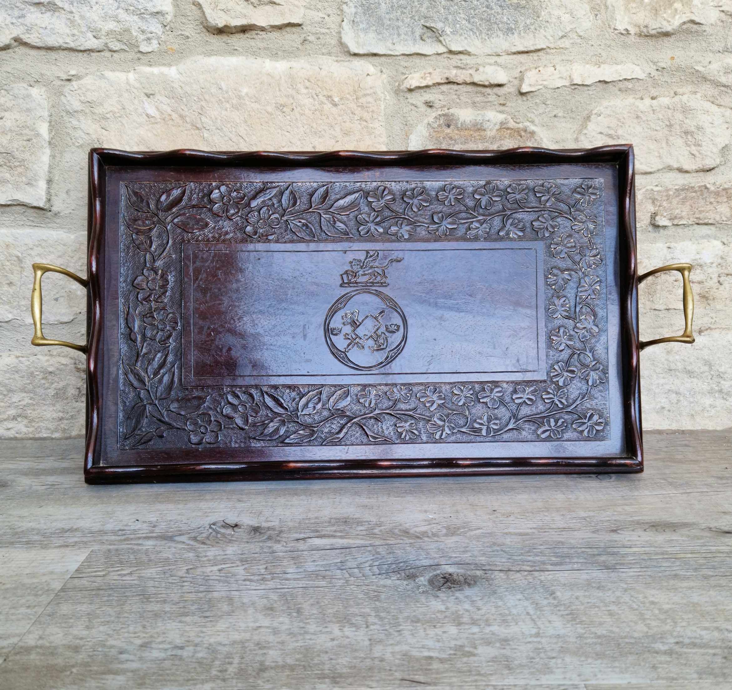 Antique 19th C. Carved Corps Of Commissionaires Presentation Brass Handled Serving Tray