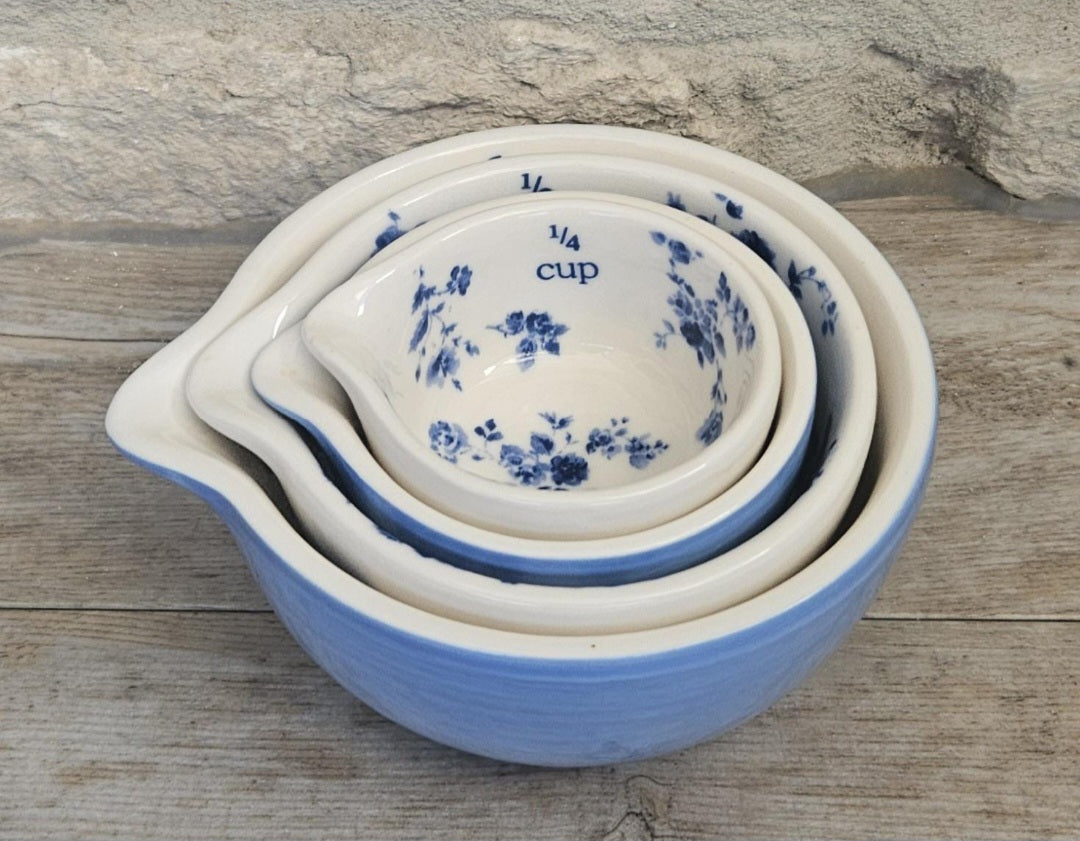 Laura Ashley Ceramics Measuring Cups Petite Fleur Blue White Floral Nesting Set x4 Kitchen