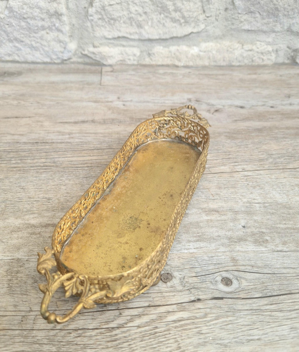 Antique Brass Filligree Rococo Style Desk Pen Tray Holder