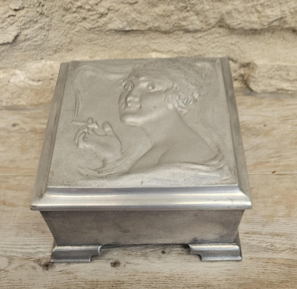 Art Nouveau Lady Aluminium Lidded Box Made in London England Stamped (1905-1924) 13.5cm Square X 6.5cm Tall Arts and Crafts Box