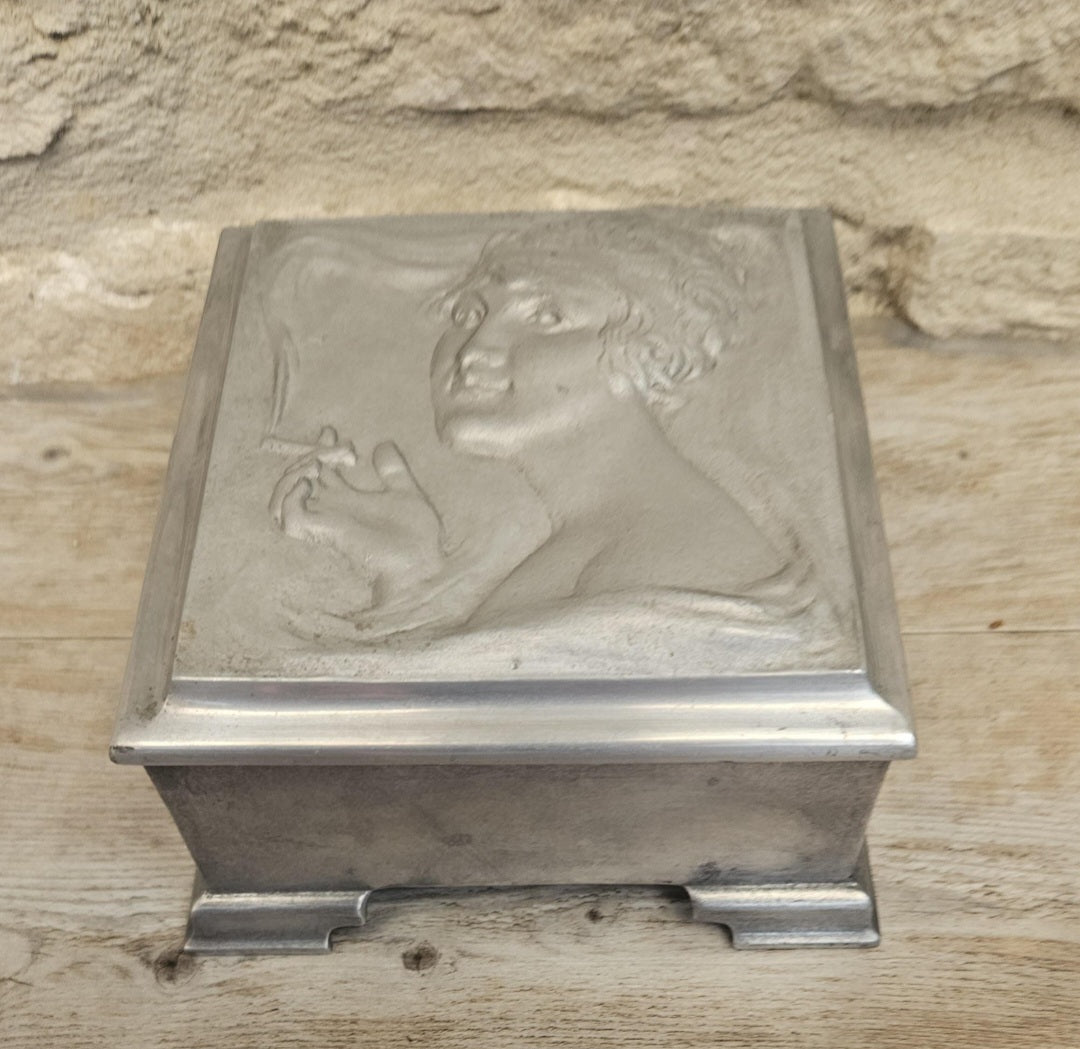 Art Nouveau Lady Aluminium Lidded Box Made in London England Stamped (1905-1924) 13.5cm Square X 6.5cm Tall Arts and Crafts Box