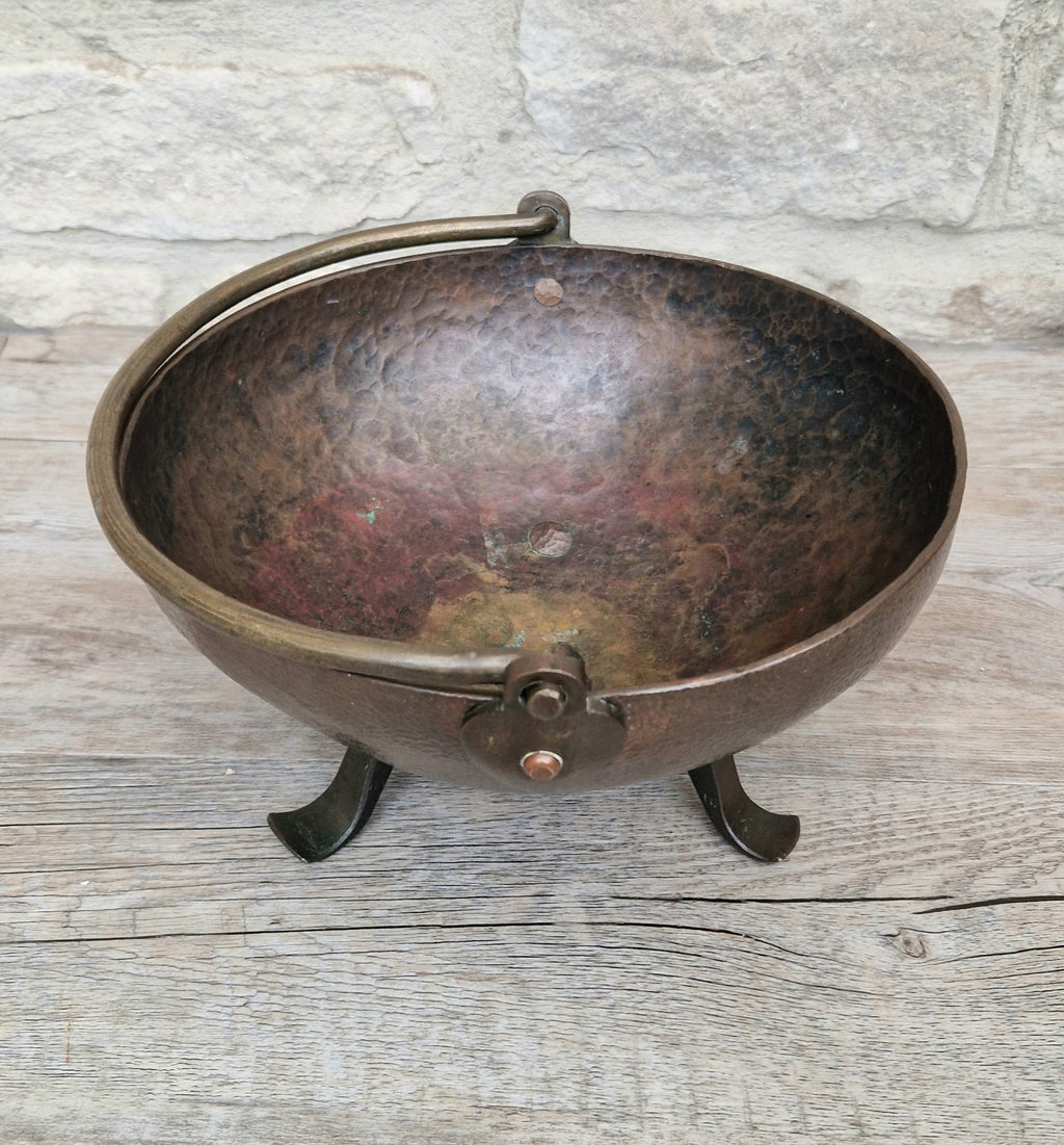Antique Arts & Crafts Hand Beaten Solid Copper Brass Handled Tri-Foot Planter Bowl c.1890-1900's