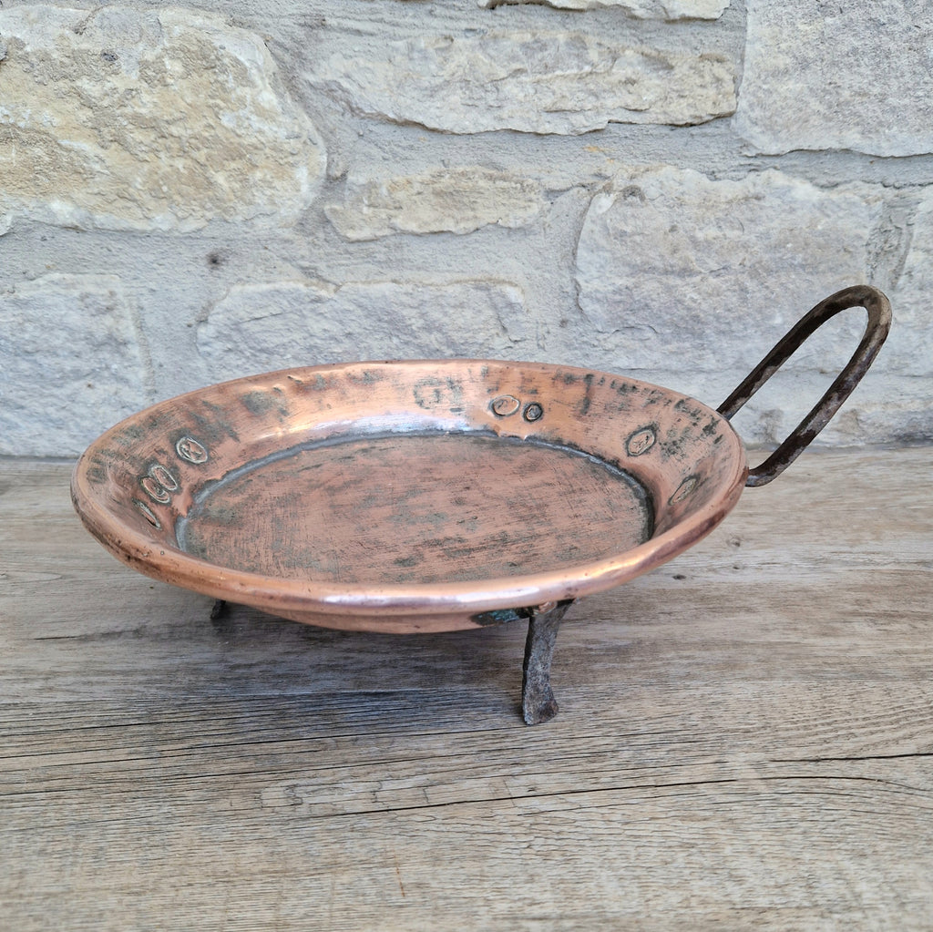 18th - 19th Century Copper & Iron Handle French Tripod Footed Tart Pan Rare Antique Kitchenalia
