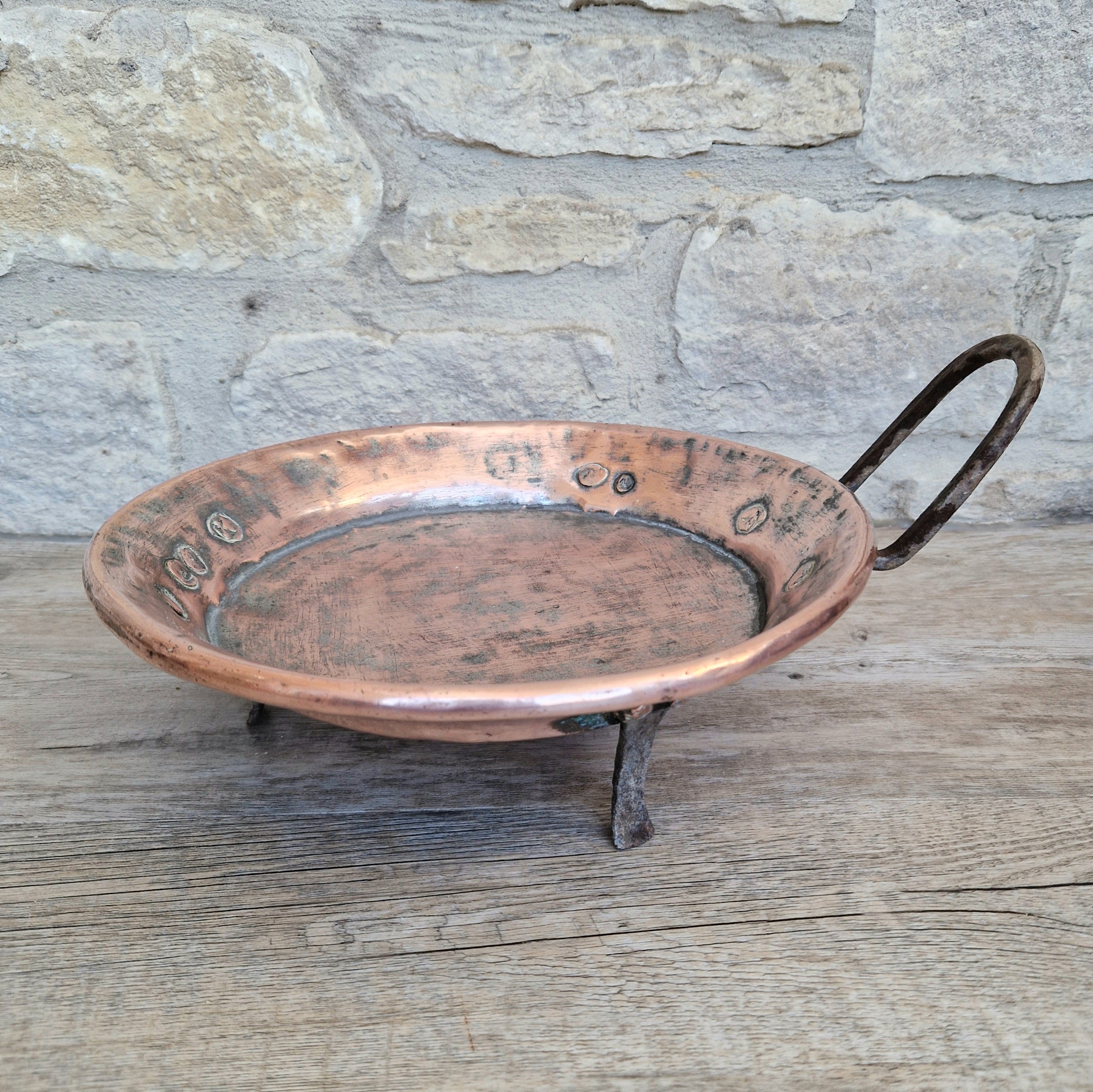 18th - 19th Century Copper & Iron Handle French Tripod Footed Tart Pan Rare Antique Kitchenalia