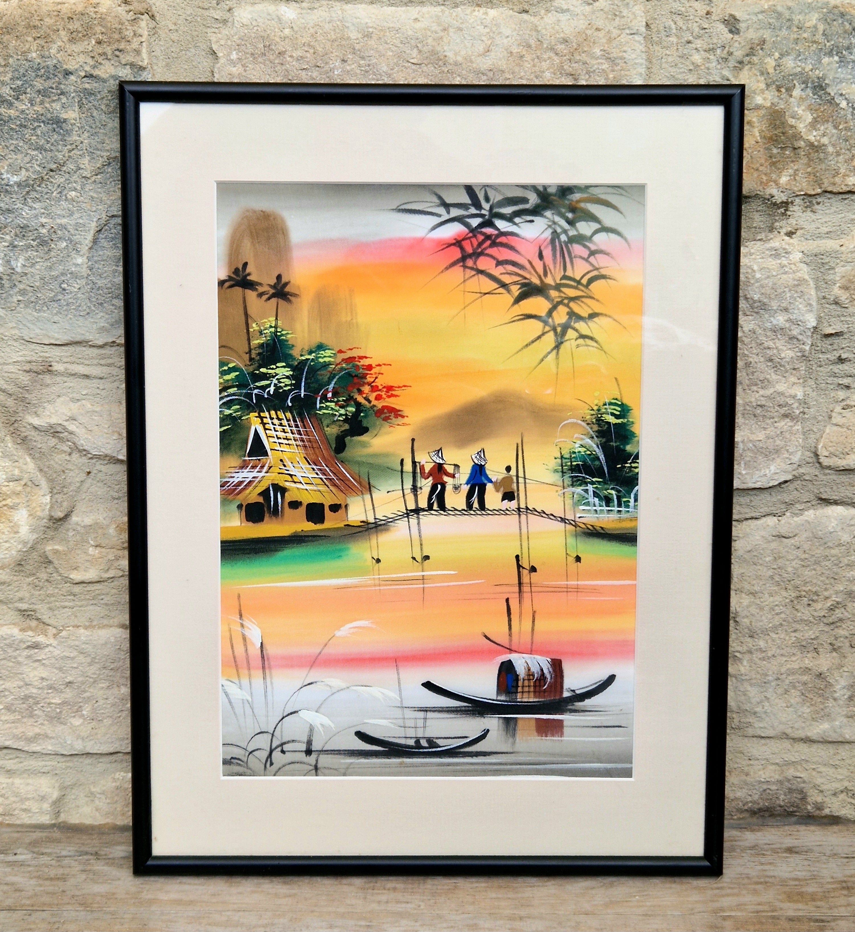 Vietnamese Silk Painting Framed Sunset River Scene Art Designed Traditional Asian Vintage Wall Decor