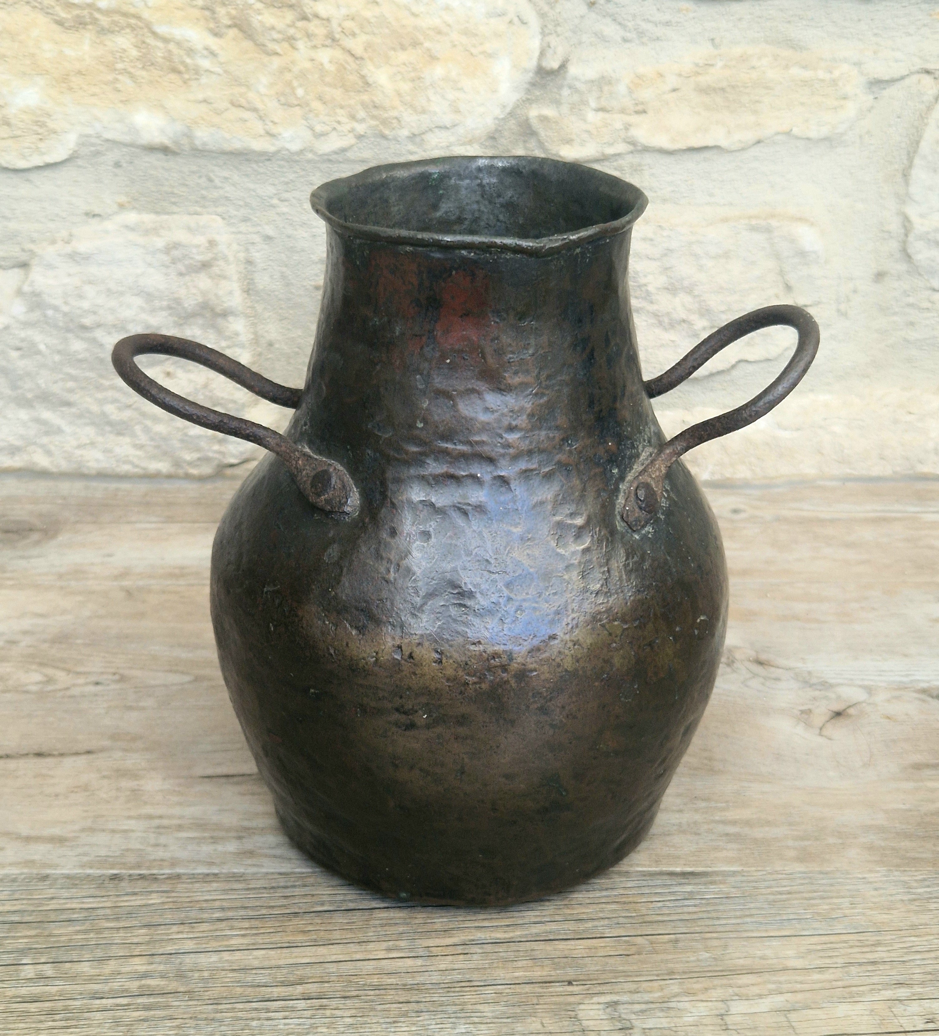18th Century Hammered Bronze Cauldron Pot Wrought Iron Handles Historic Repair Antique Kitchenalia Vessel