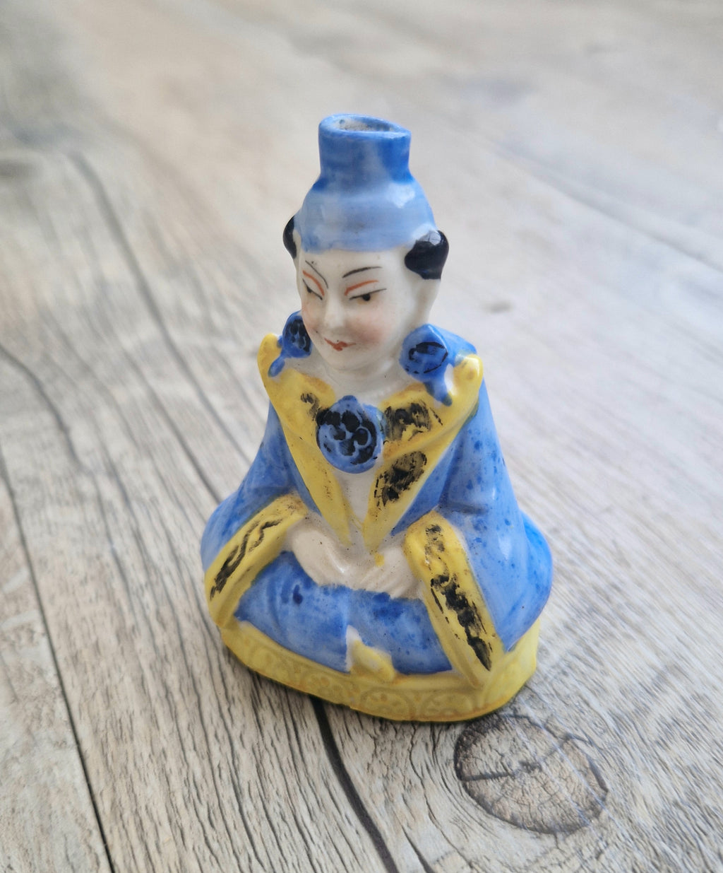 Antique Sitzendorf Ceramic Seated Figure Perfume Bottle - Missing Crown Top