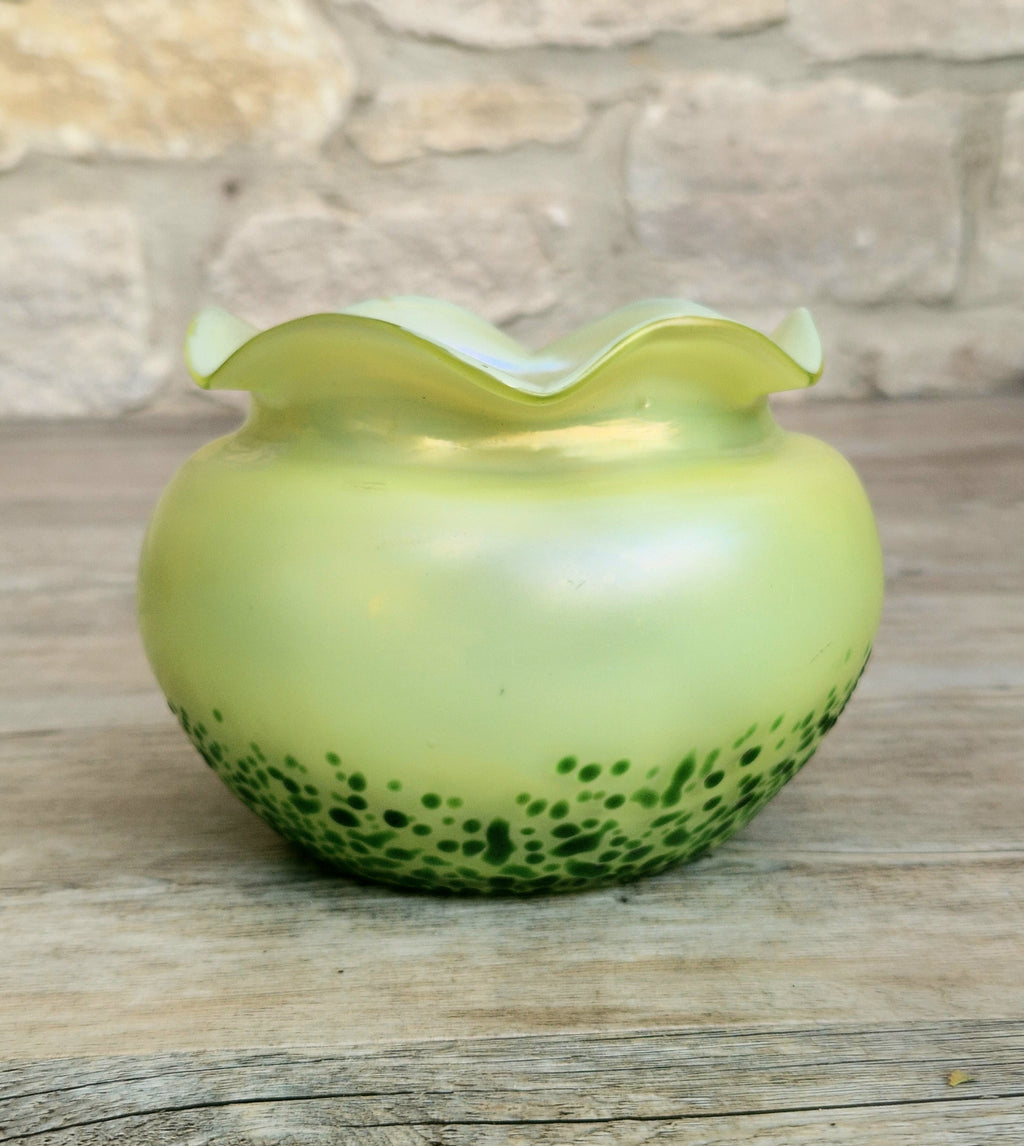 Antique Late 19th Century Bohemian Art Glass Vase, Loetz-Heckert Tradition, Iridescent Yellow Green, Rare Cabinet Vase
