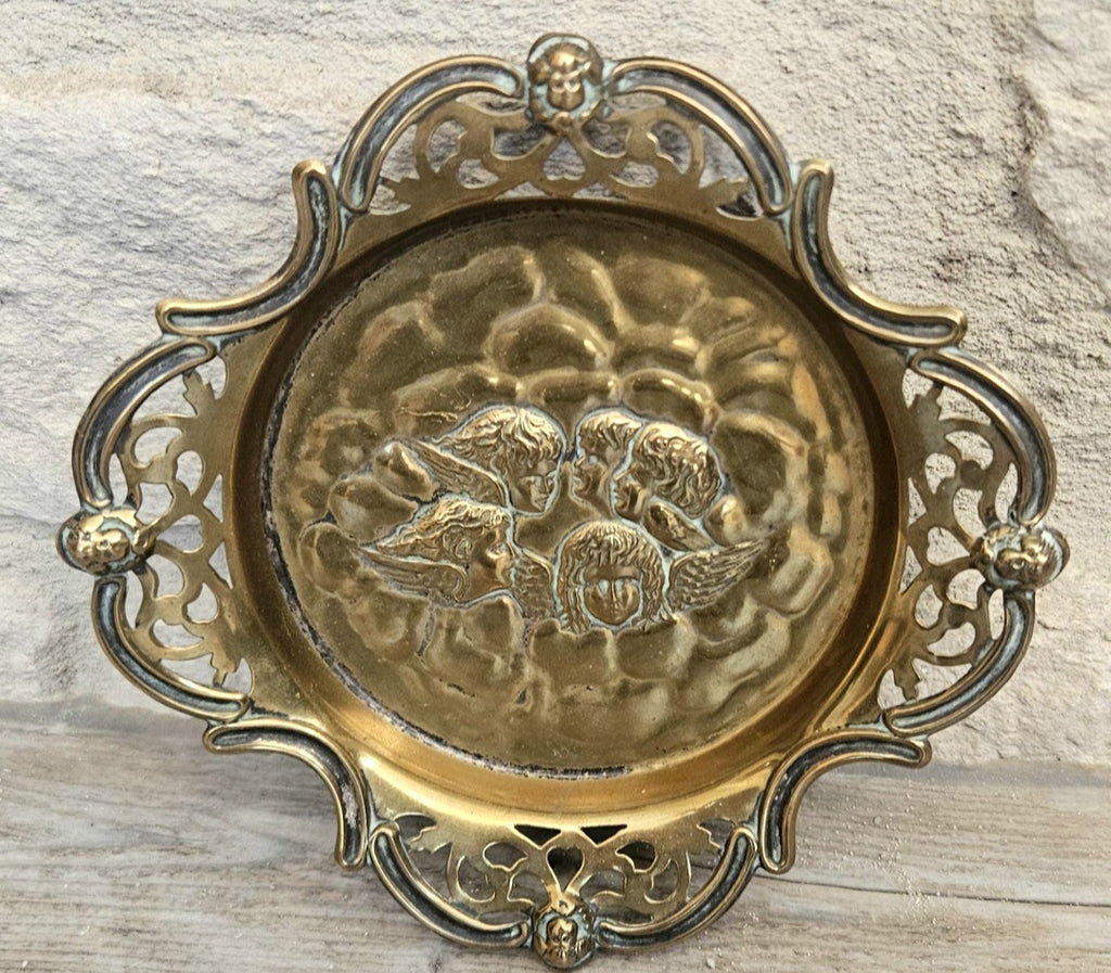 Antique Repoussé Brass Card Tray or Pin Dish "A Child's Angels" (Reynolds Angels) motif 14cm