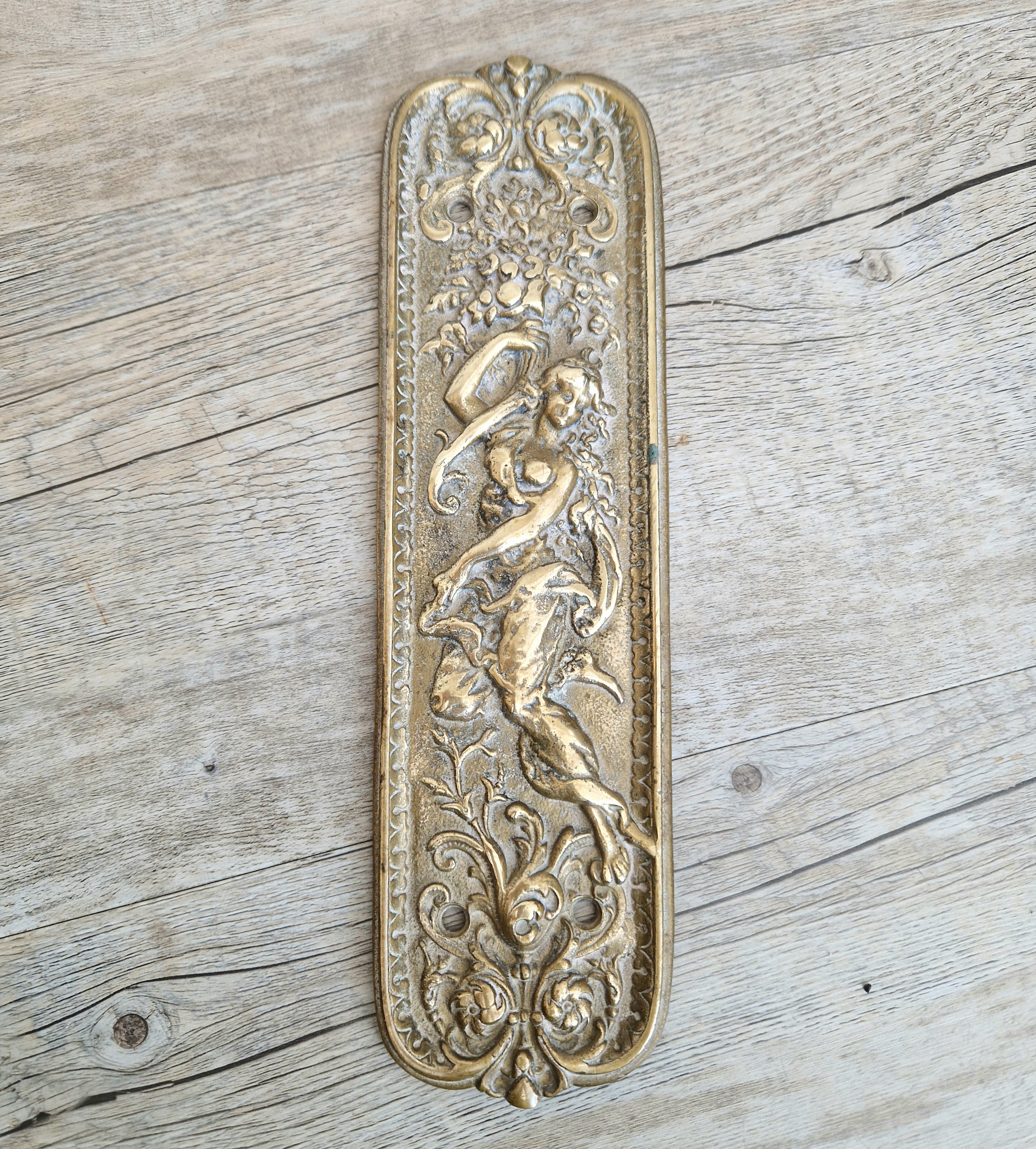 Cast Brass Art Nouveau Figural Relief Large Door Push Finger Plate Antique