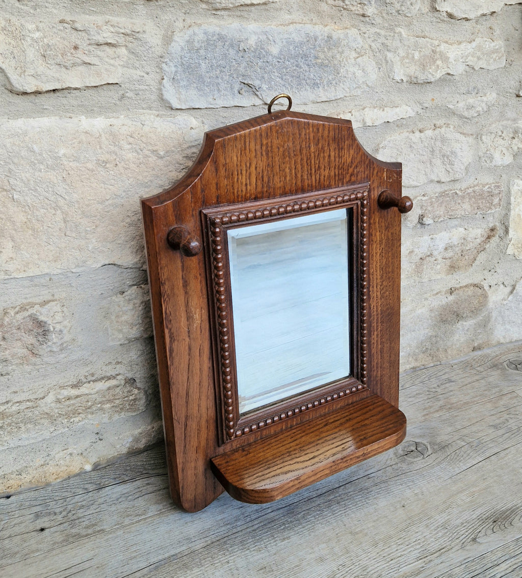 English Oak Arts & Crafts Wall Mirror Bevelled And Beaded Antique Mirror With Shelf And Hooks
