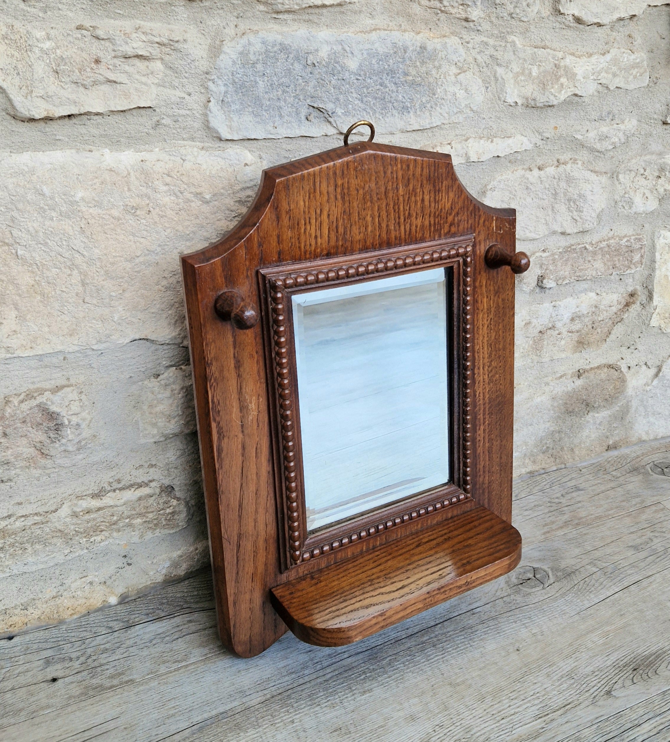 English Oak Arts & Crafts Wall Mirror Bevelled And Beaded Antique Mirror With Shelf And Hooks