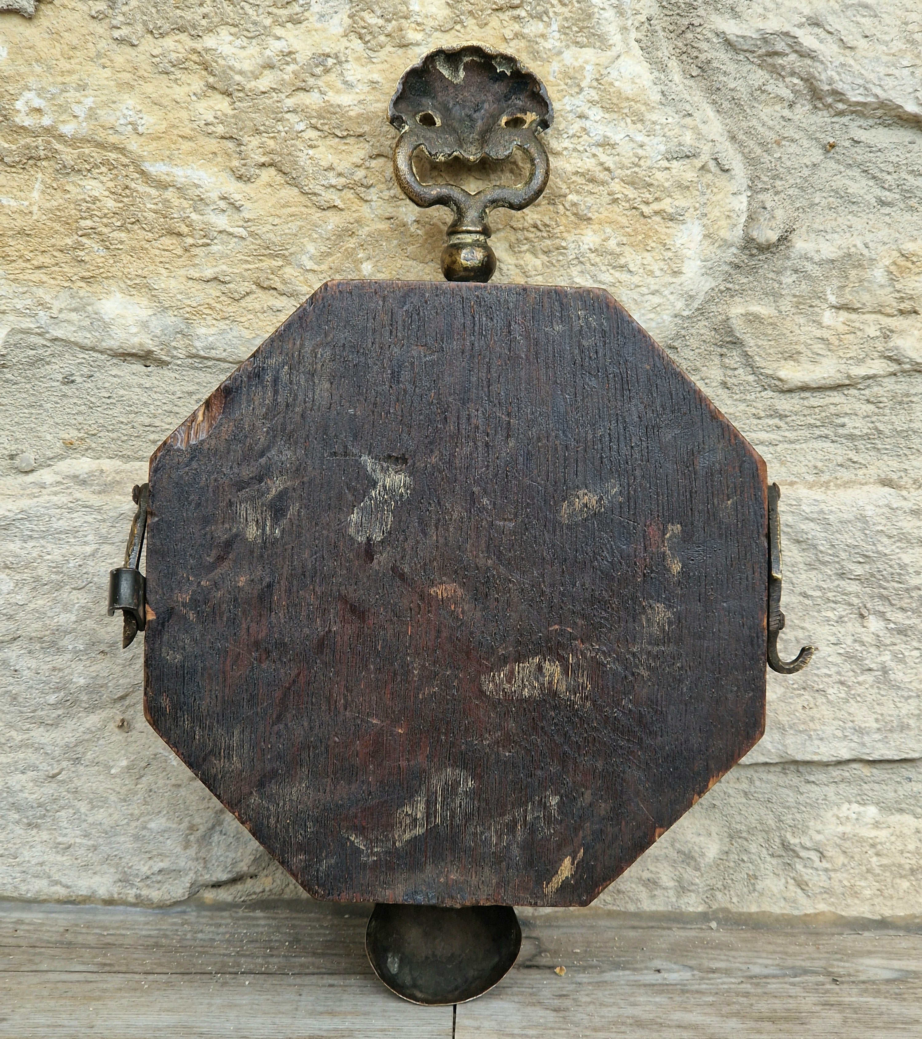 Fine Rare Antique Repousse Brass Peacock Finial English Aesthetic Movement Fumed Oak Decorative Plaque