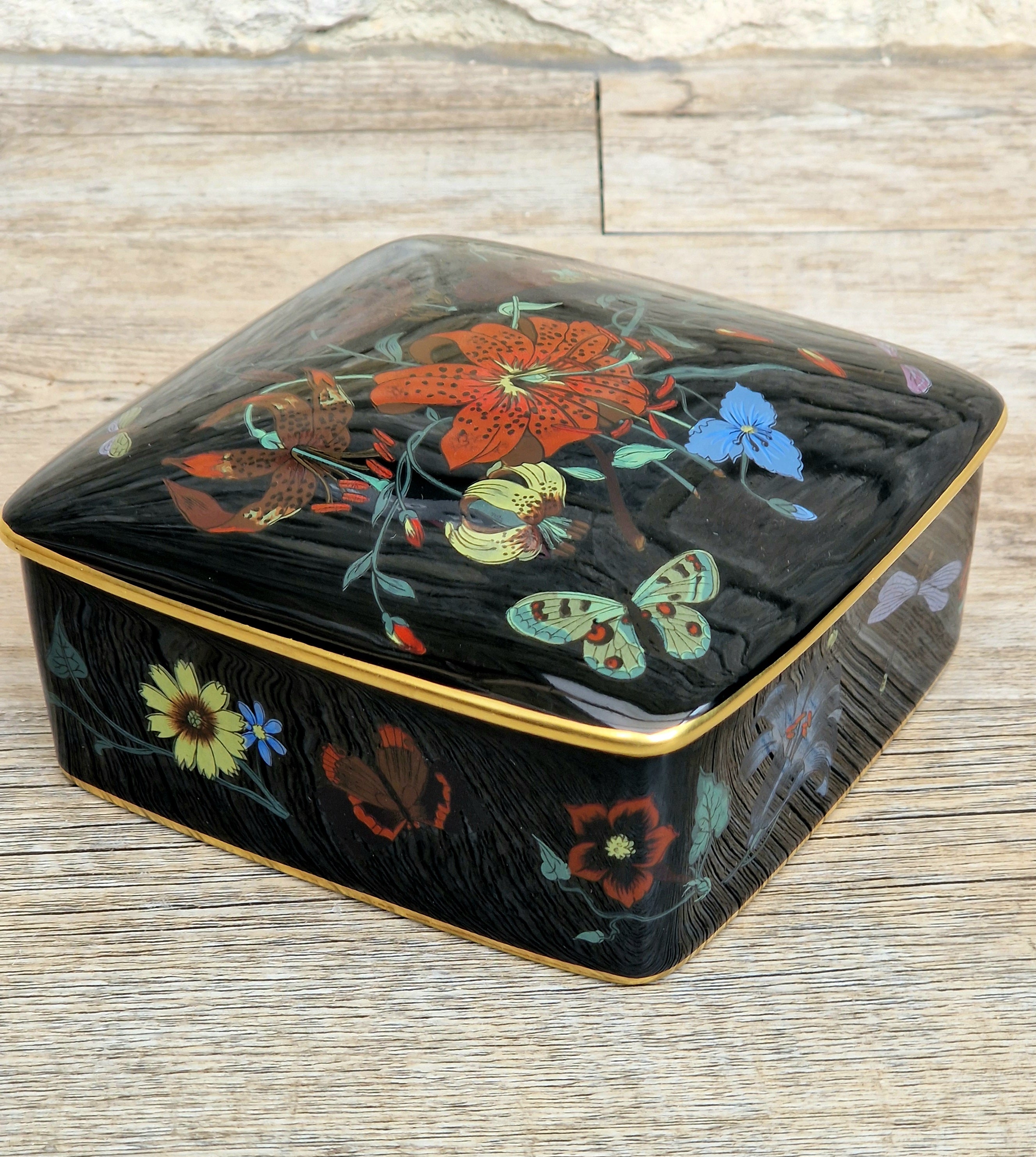 Vintage 1970's Bernardaud Gucci Limoges Porcelain Box in "Flora Noir" Print By The Artist Vittorio Accornero. Very Rare. Mint Condition.