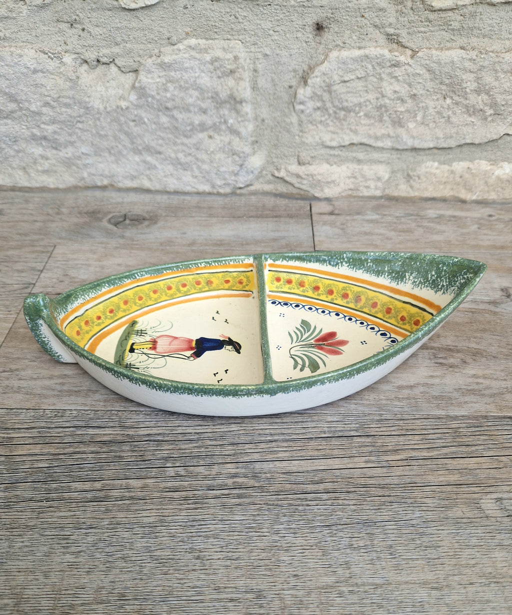 Vintage Henriot Quimper Faience Ceramic Boat Shape Divided Serving Dish