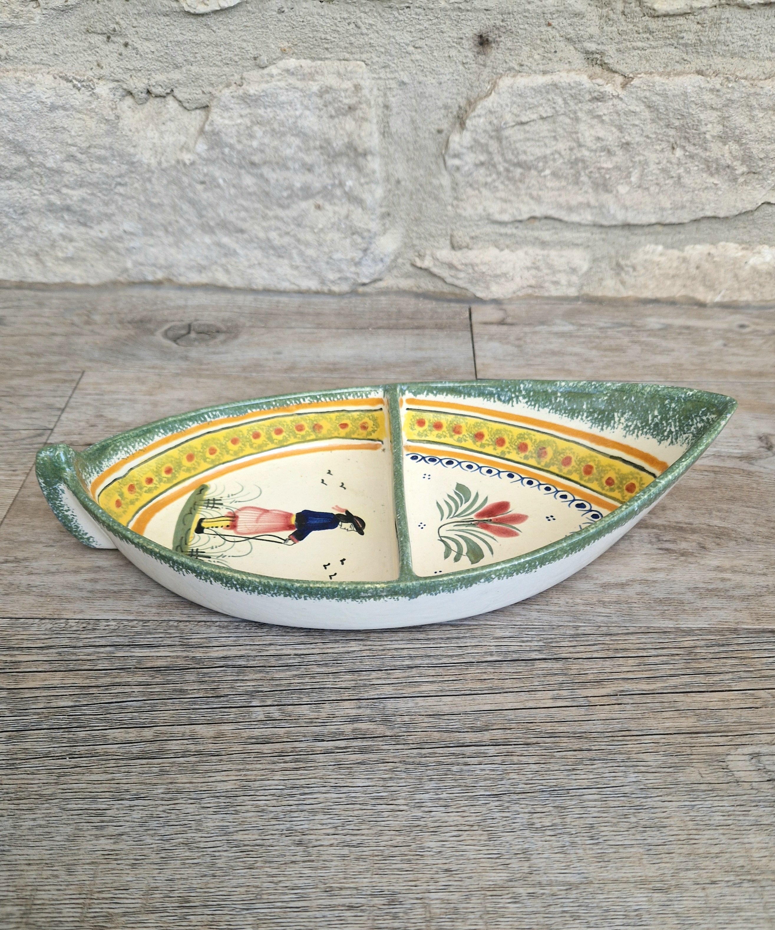 Vintage Henriot Quimper Faience Ceramic Boat Shape Divided Serving Dish