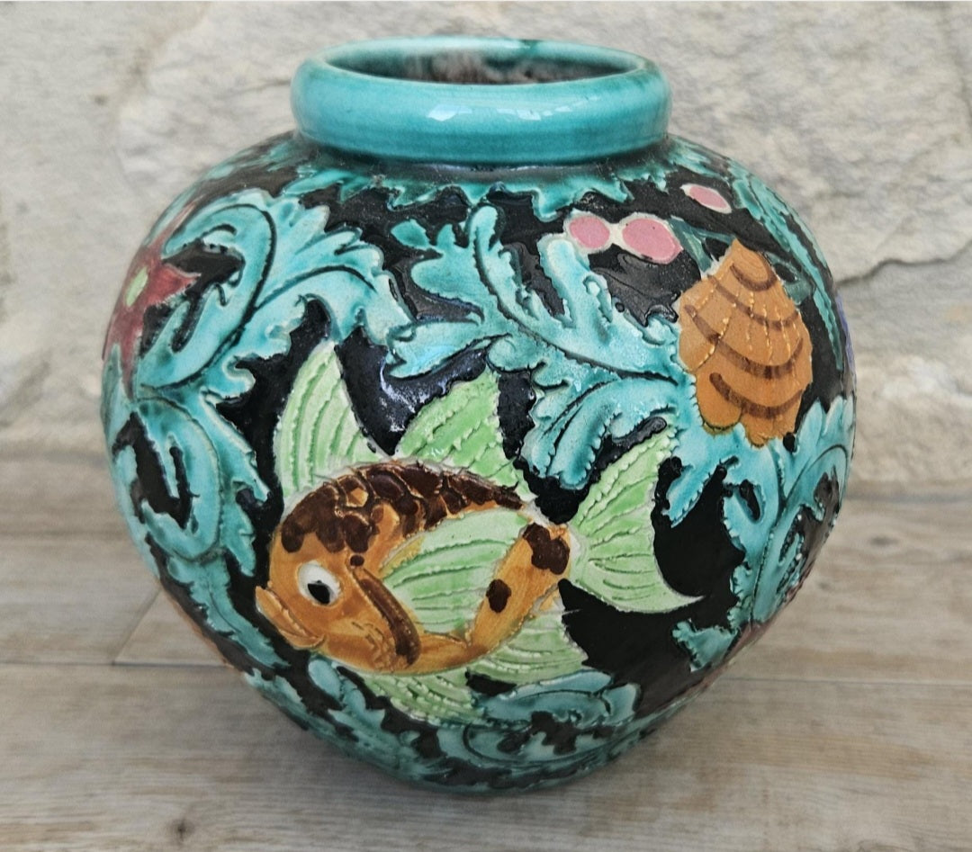 Midcentury Fish Art Vase Colourful Cerart Monaco Marine Decor 12cm Tall