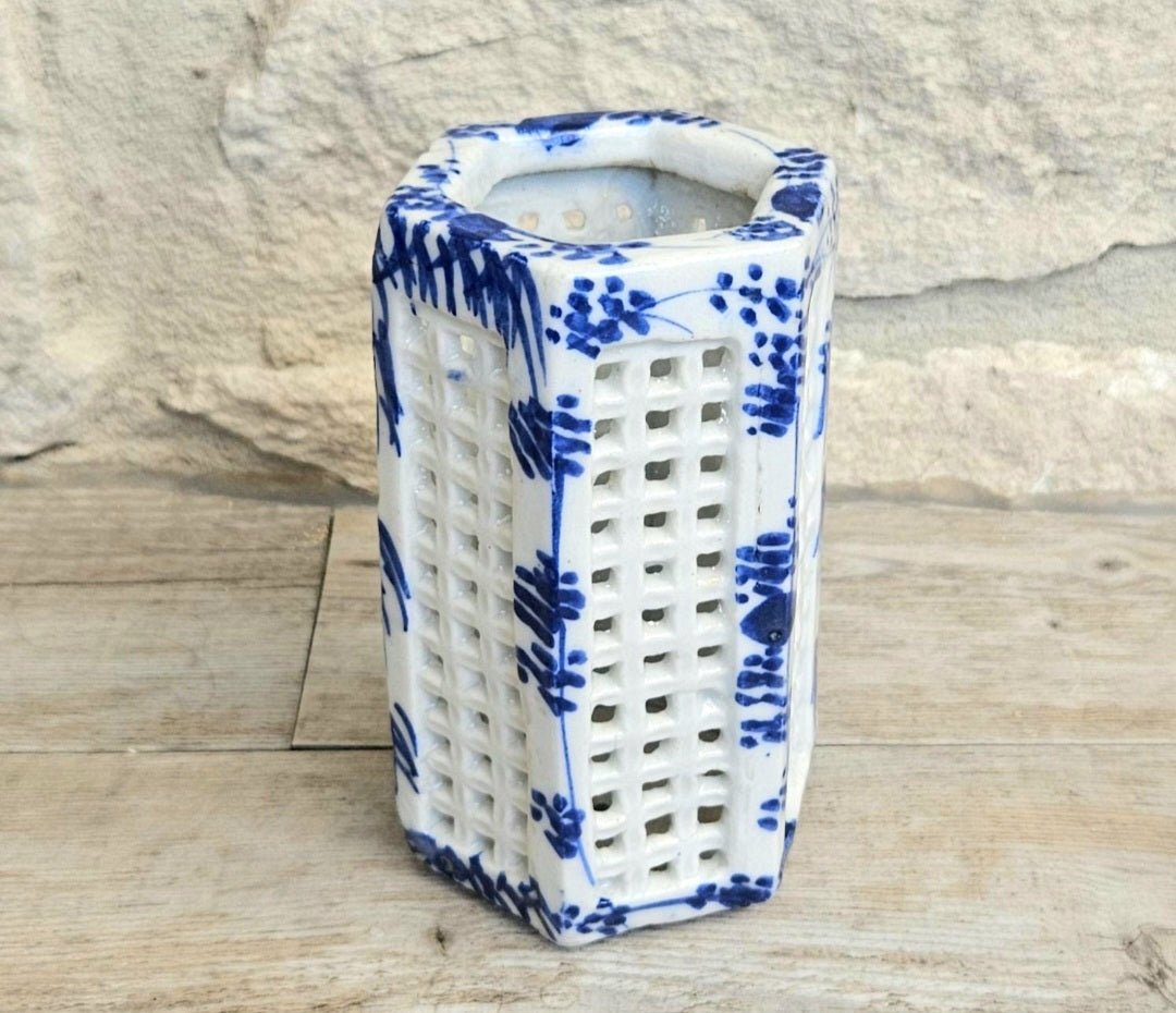 Vintage Japanese Porcelain Pen Pot Calligraphy Brush Holder Cricket Cage Vase Blue White Chinoiserie Decor