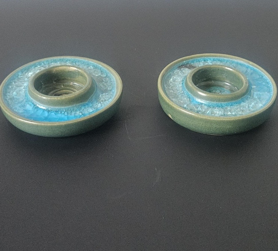 Handmade Pair of Turquoise Green Pottery Tea Light Candle Holders Crackle Glass Studio Pottery Unusual