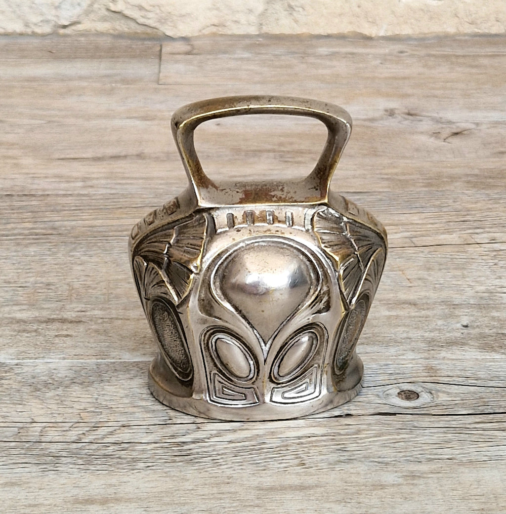 Antique Art Nouveau Silvered Bronze Large Ornate Decorated Table Bell
