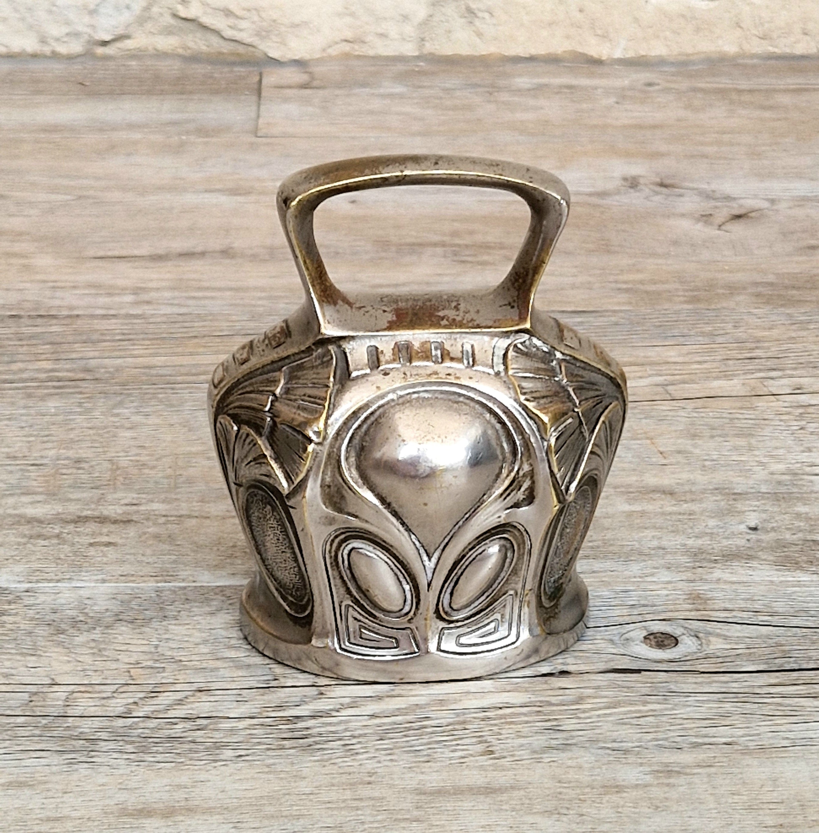 Antique Art Nouveau Silvered Bronze Large Ornate Decorated Table Bell