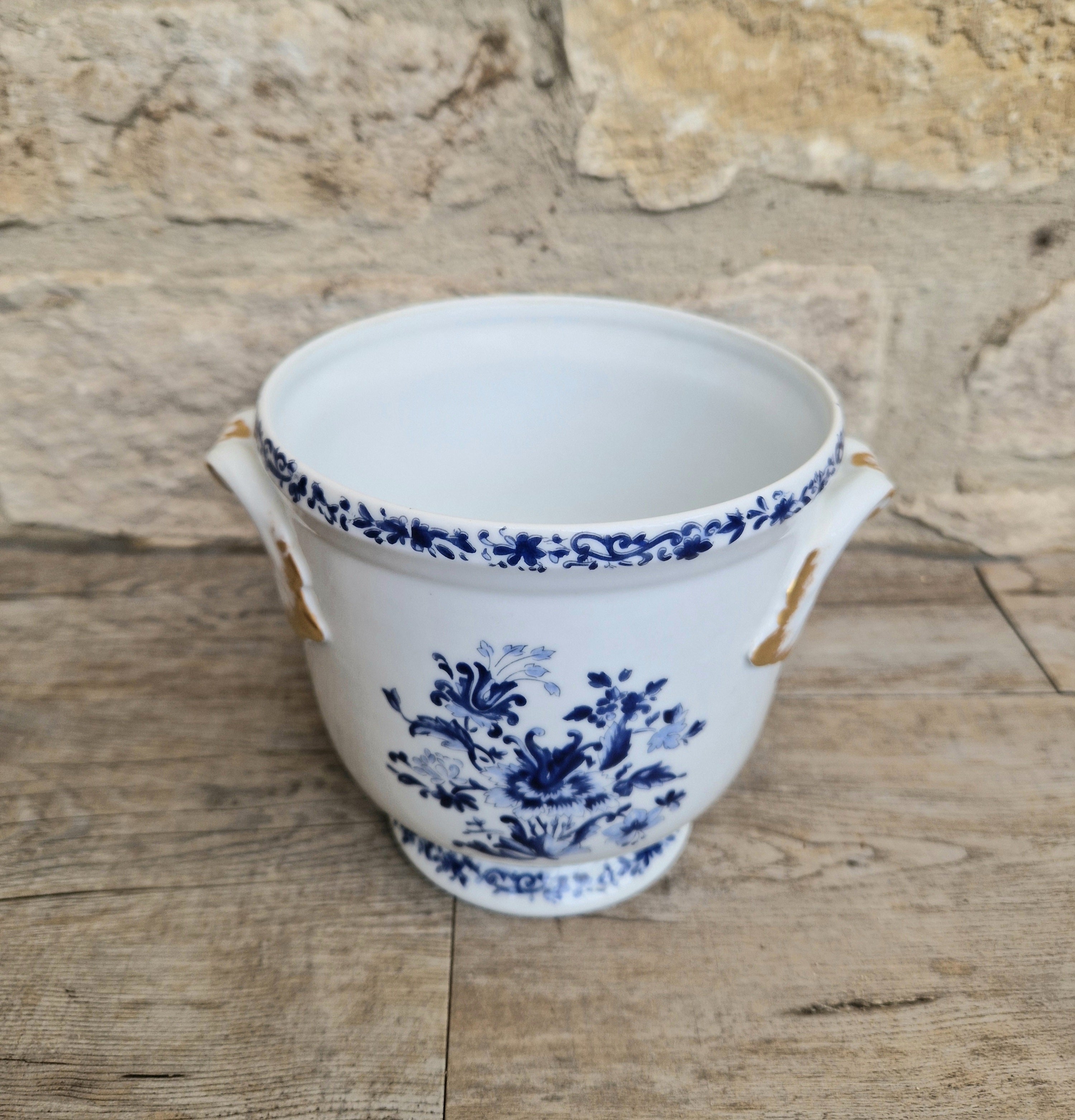 Vintage Vista Alegre Portugal Porcelain Plant Pot Round Planter / Jardinere, Blue & White