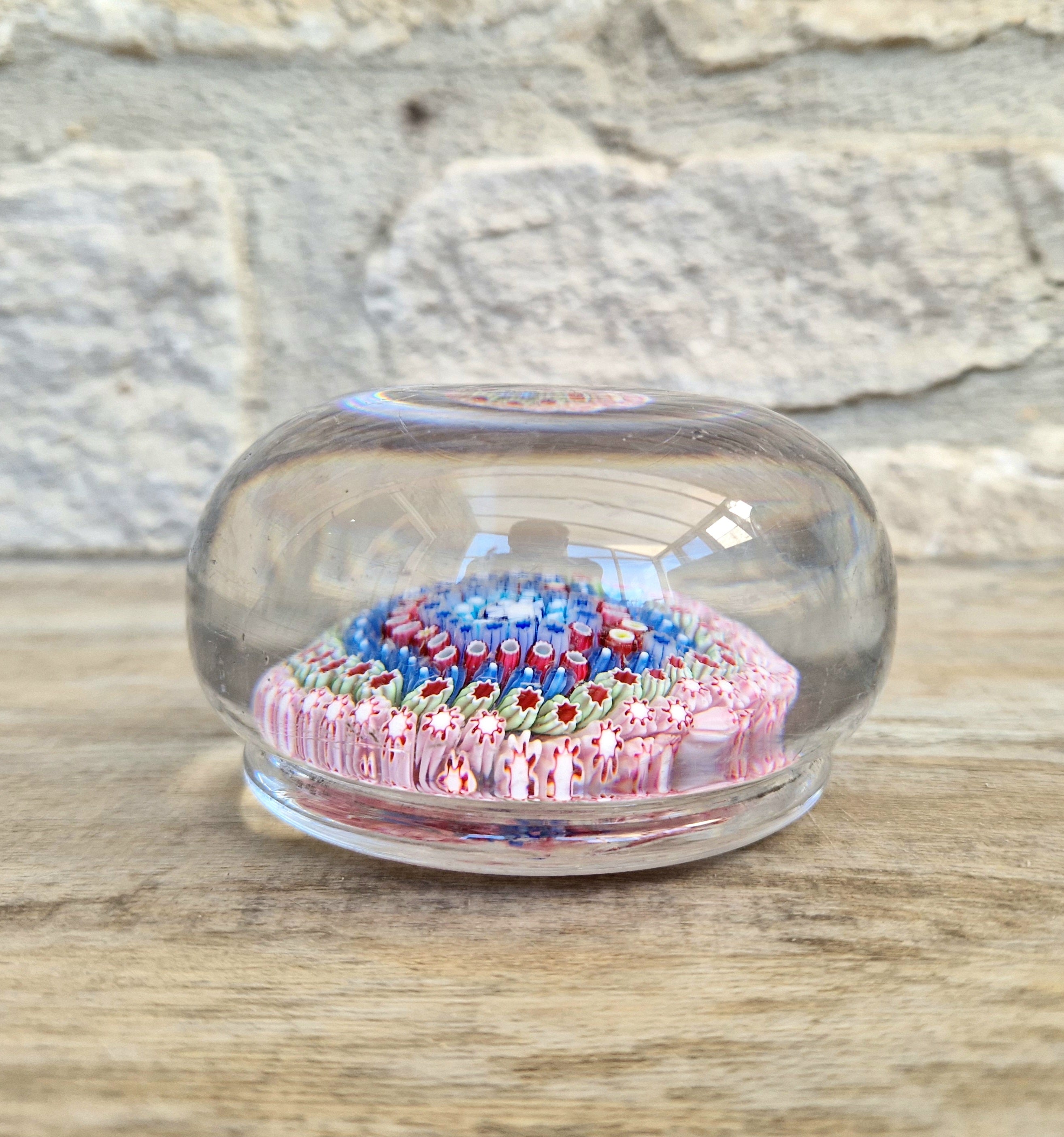 Old English Richardsons Magnum Concentric Millifiore Canes Footed Glass Paperweight