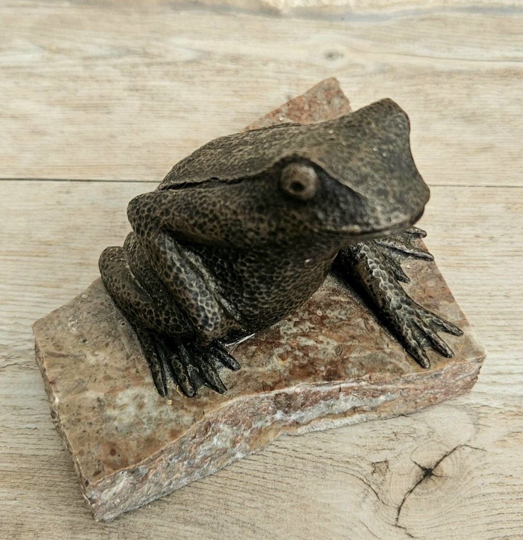 Vintage Metal Toad Figure On Granite Stone Plinth