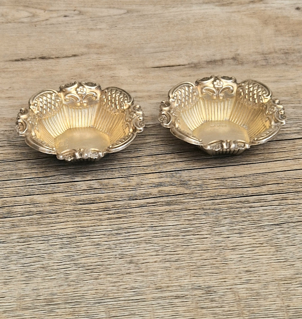 2 x 1897 Sterling Silver Ornate Open Salts by Thomas Hazlewood Birmingham England Antique