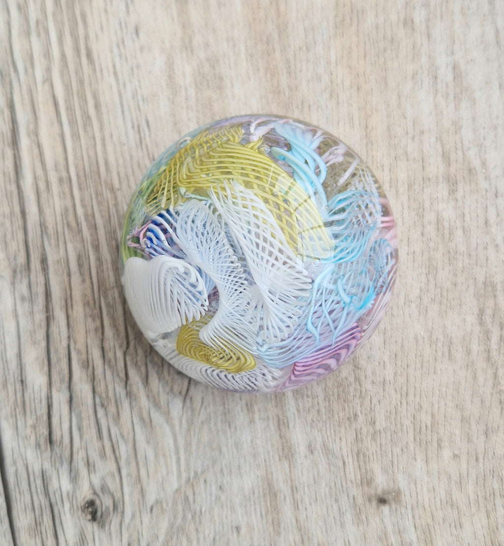 Vintage Murano Art Glass Paperweight with Scrambled Latticino & Zanfirico Canes