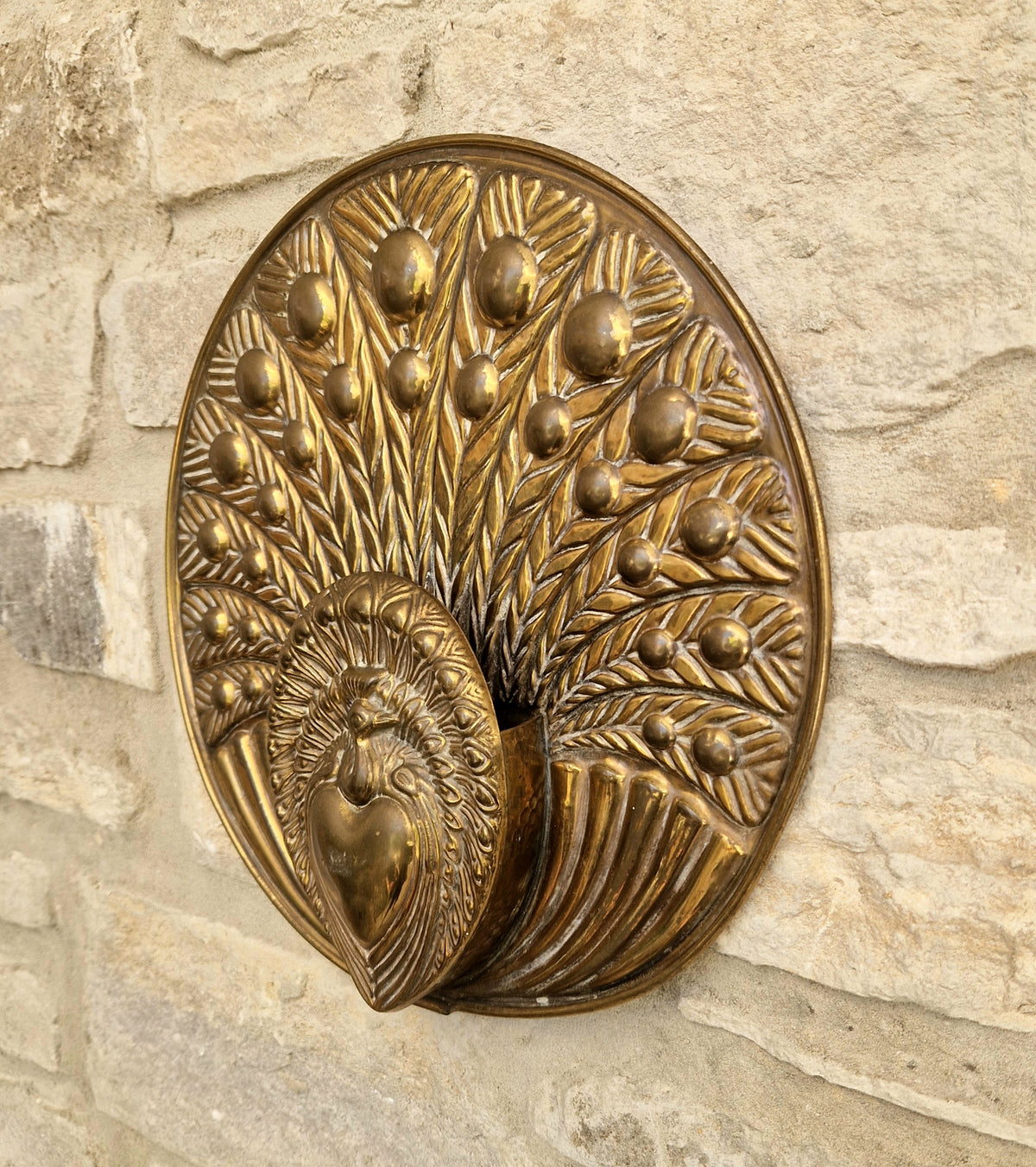 Rare Signed George Johnson Brass Peacock Wall Pocket Plaque 29cm Victorian Arts and Crafts 1880s