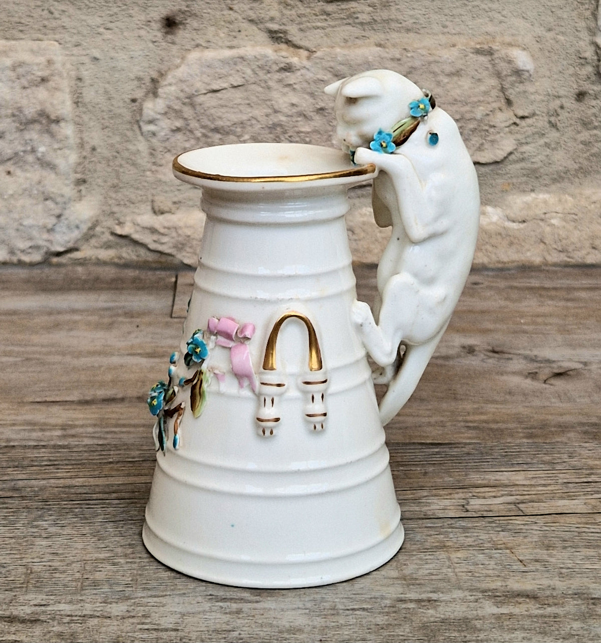 Antique Copeland Porcelain Cat Cream Churn Vases Pair Floral Applied Flowers Gilt 19th Century