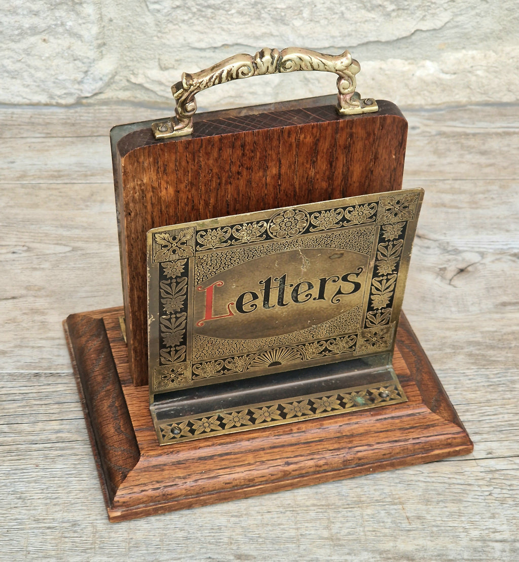Antique Arts & Crafts Brass And Quarter Sawn Oak Gentleman's Handled Double Letter Rack Stand
