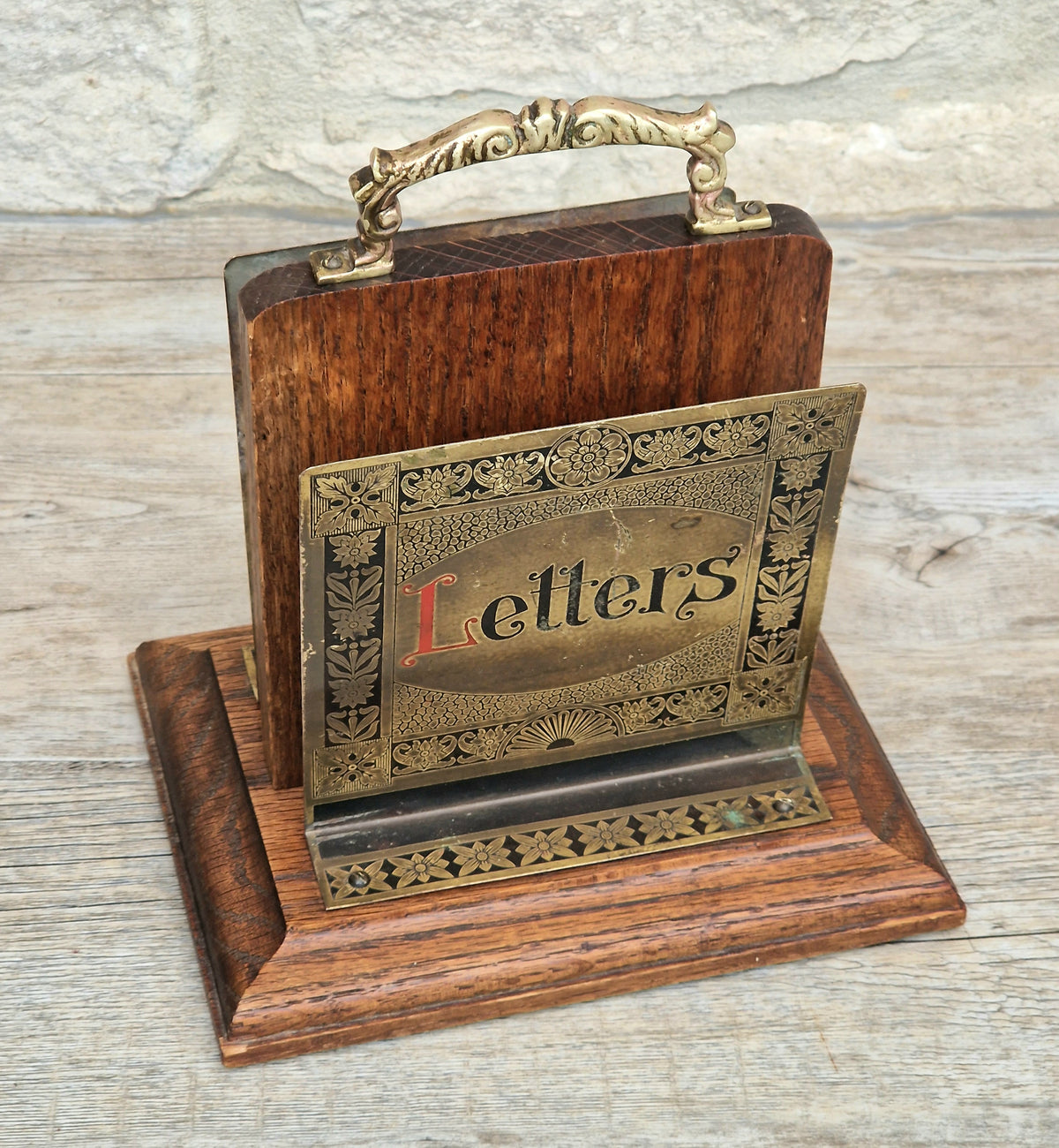 Antique Arts & Crafts Brass And Quarter Sawn Oak Gentleman's Handled Double Letter Rack Stand