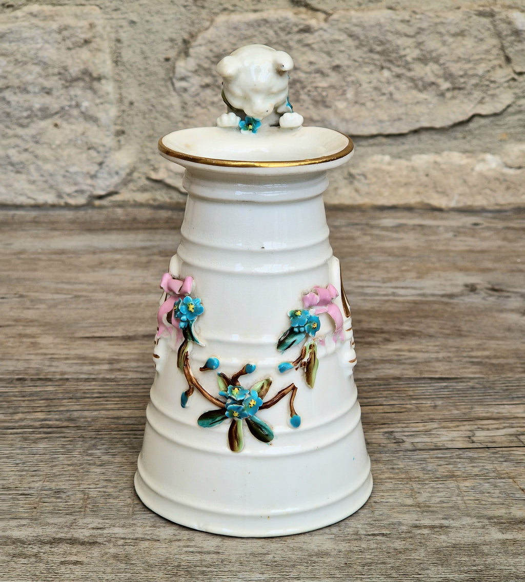 Antique Copeland Porcelain Cat Cream Churn Vases Pair Floral Applied Flowers Gilt 19th Century