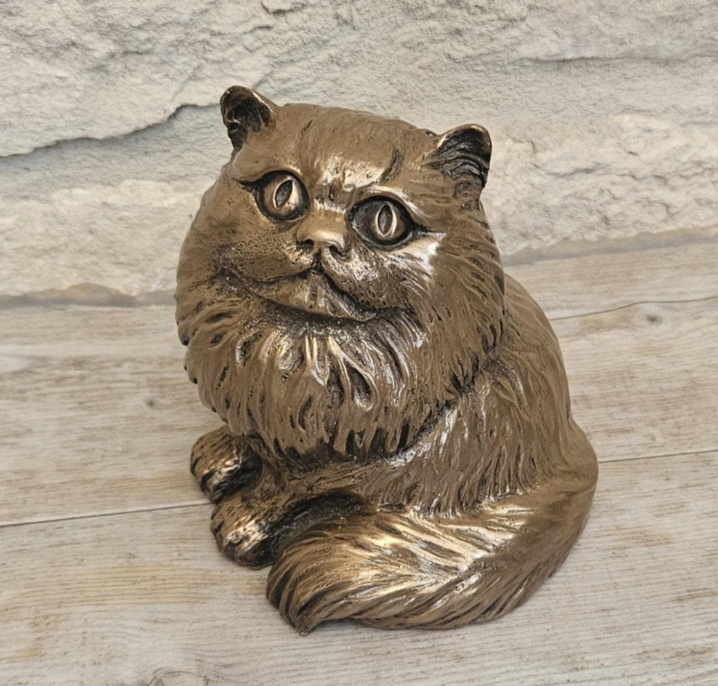 Vintage Heavy Sitting Fat Cat Figure Sculpture Cold Cast Bronze-Resin Signed 11cm Tall