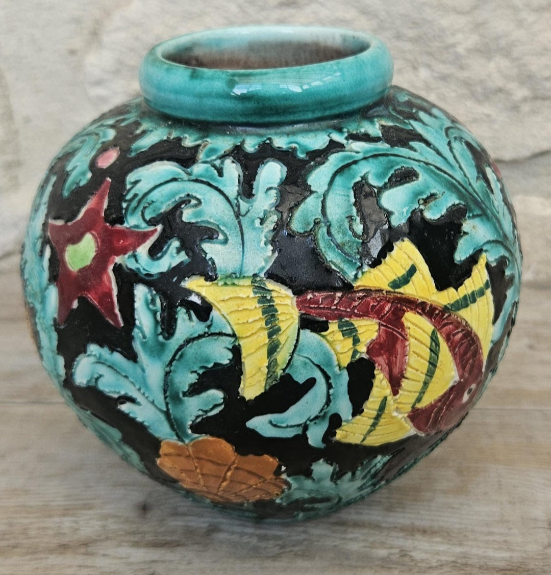 Midcentury Fish Art Vase Colourful Cerart Monaco Marine Decor 12cm Tall