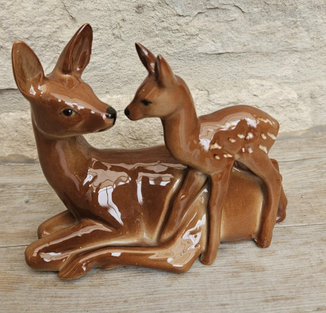 Bambi Doe and Fawn Porcelain Ornament Figurine Mid Century Deer Ornament Collectible Woodland Decor