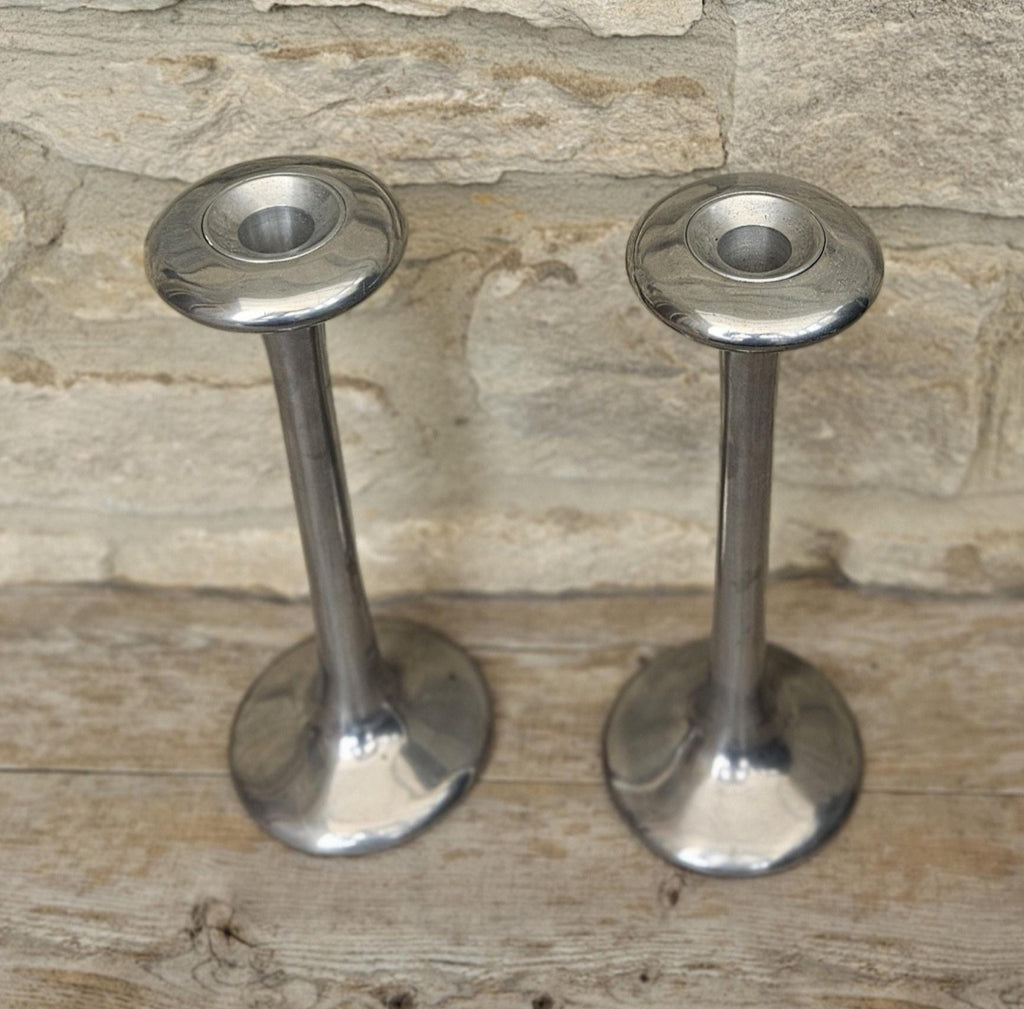 Pair Of Vintage Aluminium Tall Candlesticks 1990's Ikea Kagla Metal By Carl Ojerstam 25cm Tall