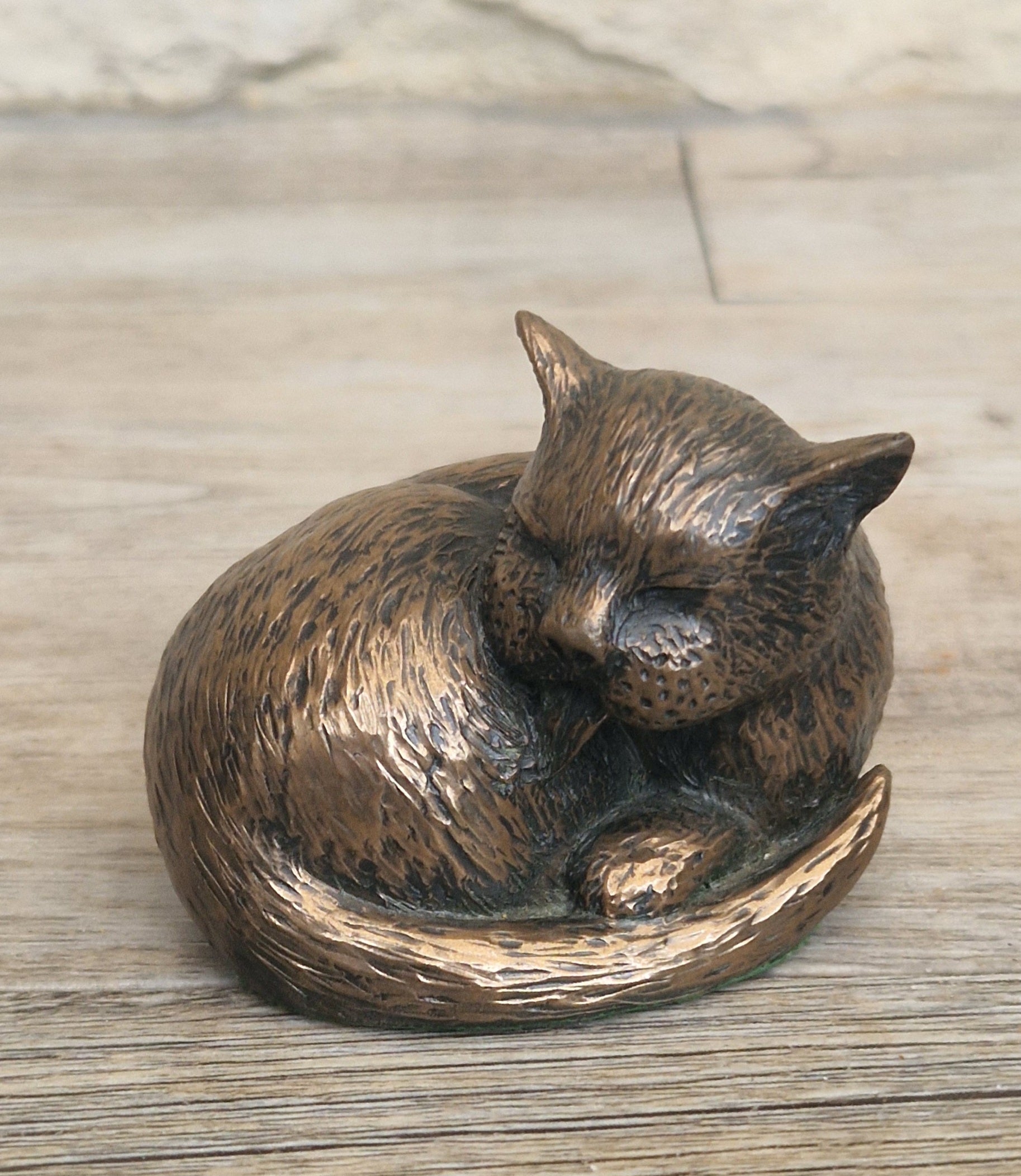 Cat Cold Cast Bronze Resin Curled Licking Figure Vintage Ornament