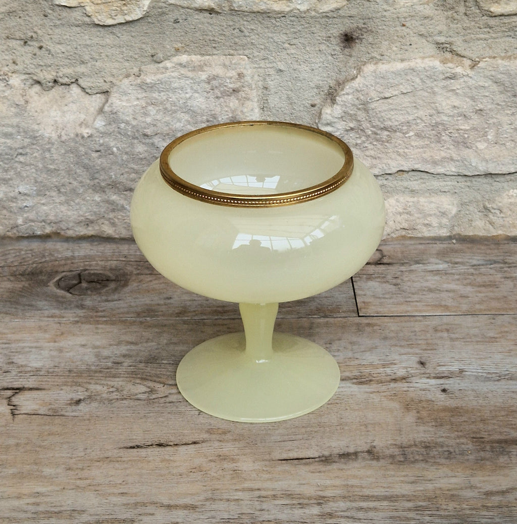 Vintage Italian Opaline Green Glass by Vincenzo Nason 1950s Hand Blown Gilt Rim Pedestal Candy Dish