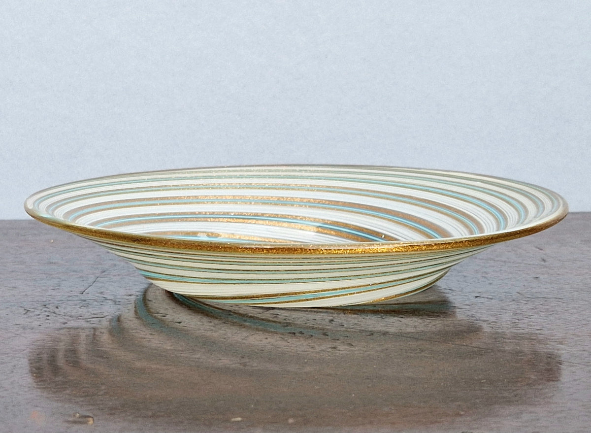 Antique Salviati Murano Glass Dish, Mezza Filigrana, Aventurine, Turquoise Blue, Venetian, c.1860–1872, 16.6cm, Perfect Condition